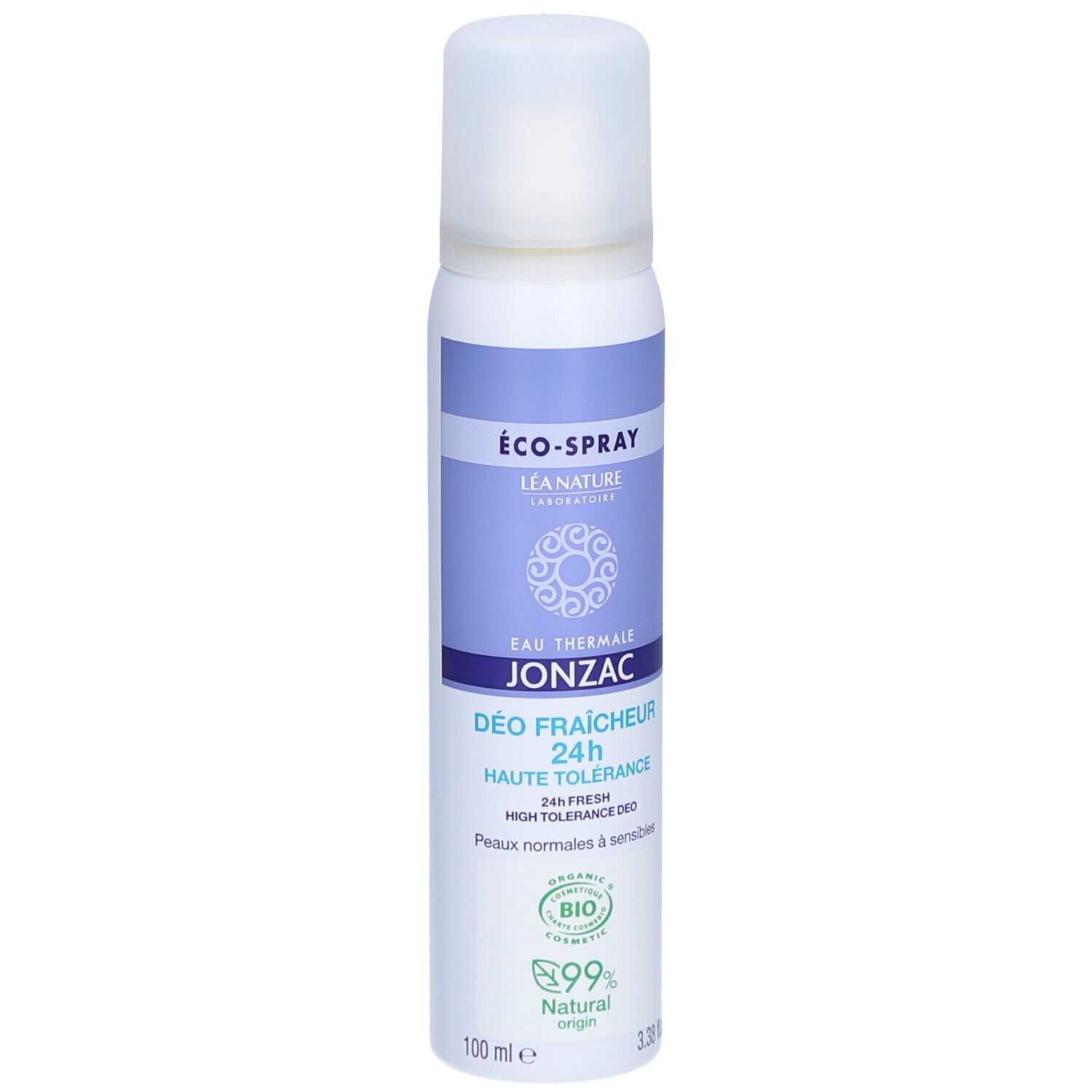 Dos du spray déodorant. Contient des informations sur les ingrédients, l'utilisation et le fabricant. Design blanc avec texte.