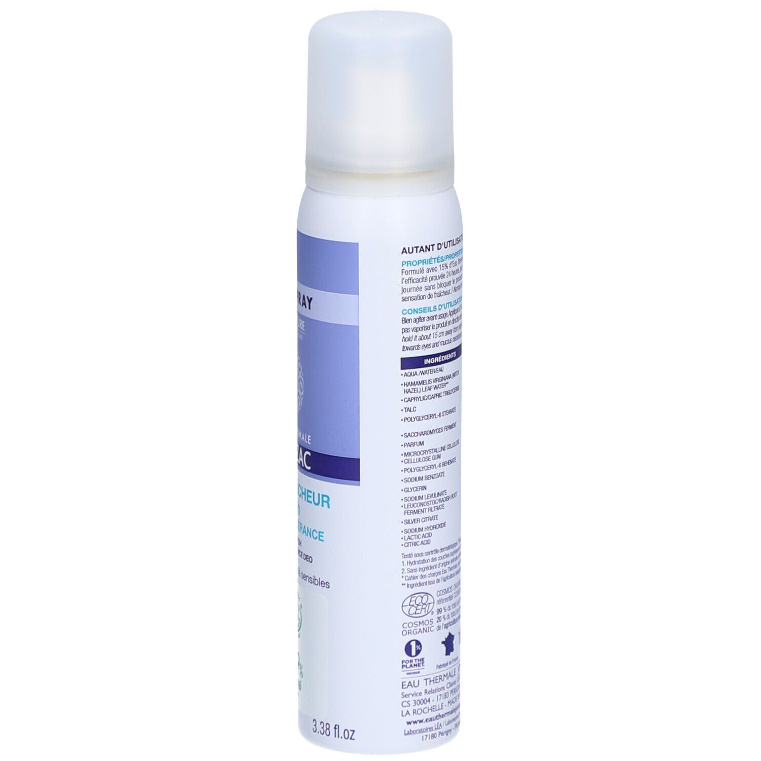 Dos du spray déodorant. Contient des informations sur les ingrédients, l'utilisation et le fabricant. Design blanc avec texte.