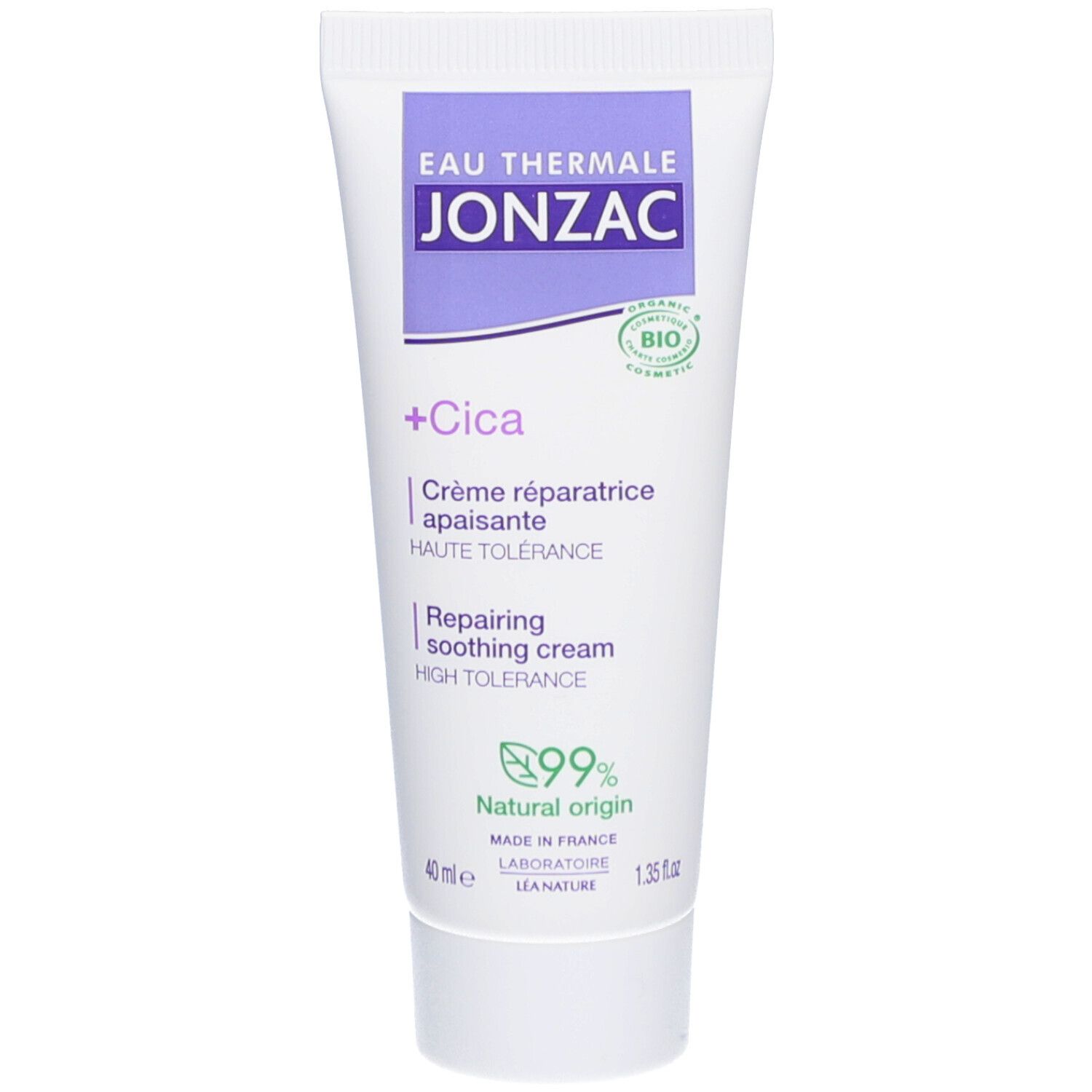 Tube de crème Jonzac +Cica. Blanc, accents violets. Contient du texte et des logos. 40 ml. Certification bio. Crème réparatrice.