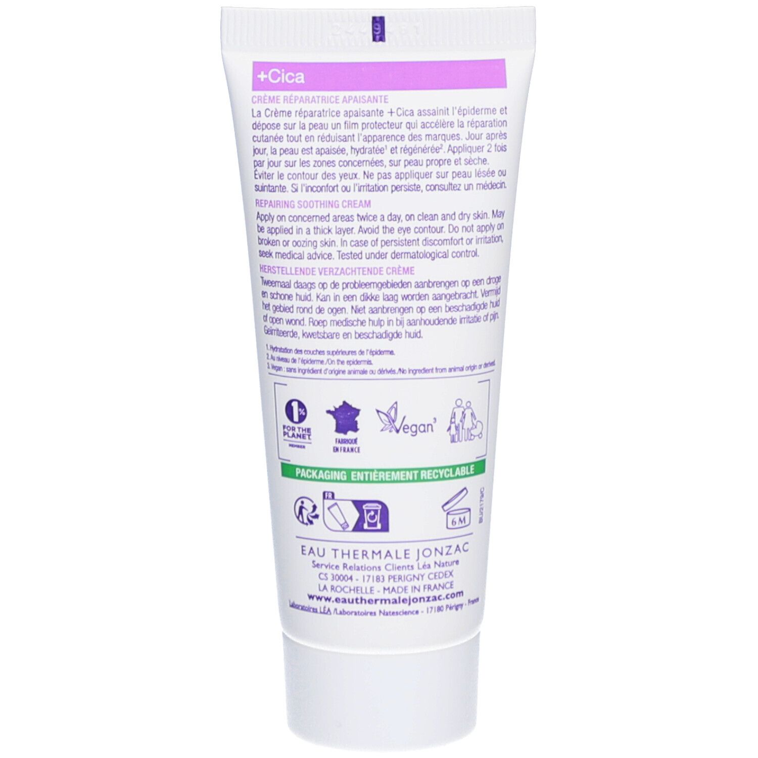 Dos du tube de crème Jonzac +Cica. Texte multilingue. Logos et certifications. Logo végan. 40 ml.