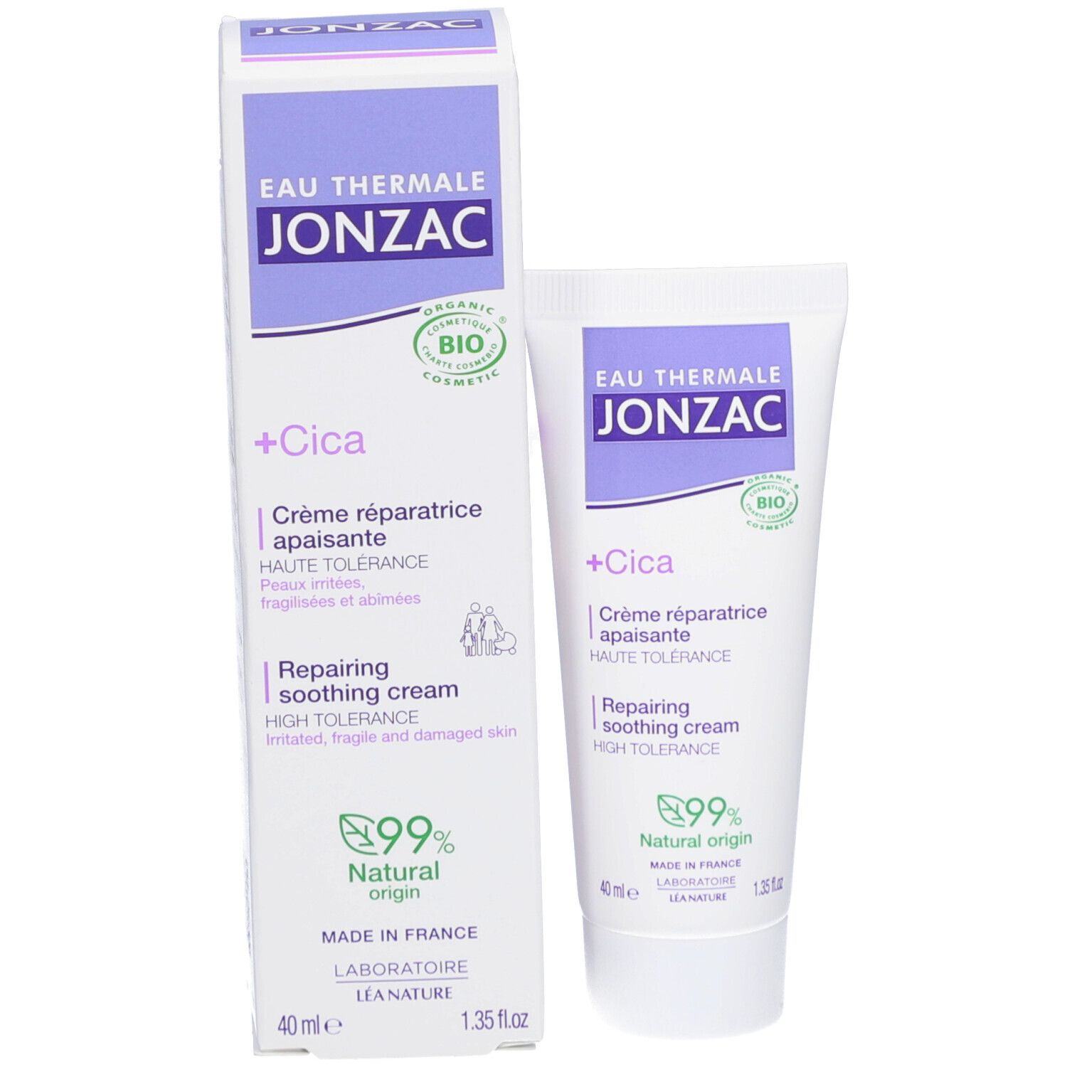 Tube de crème Jonzac +Cica et emballage carton. Blanc, accents violets. Texte et logos. Certification bio. 40 ml.