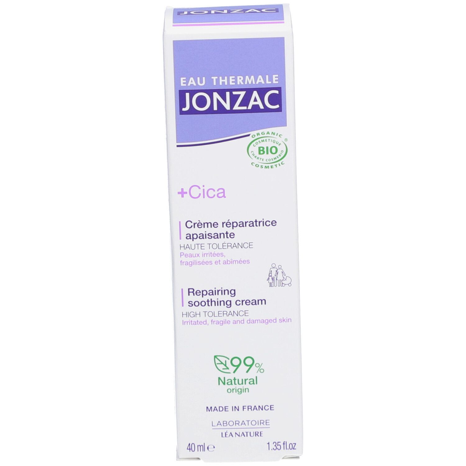 Emballage carton pour crème Jonzac +Cica. Blanc avec accents violets. Texte et logos. Certification bio. 40 ml. Crème réparatrice.