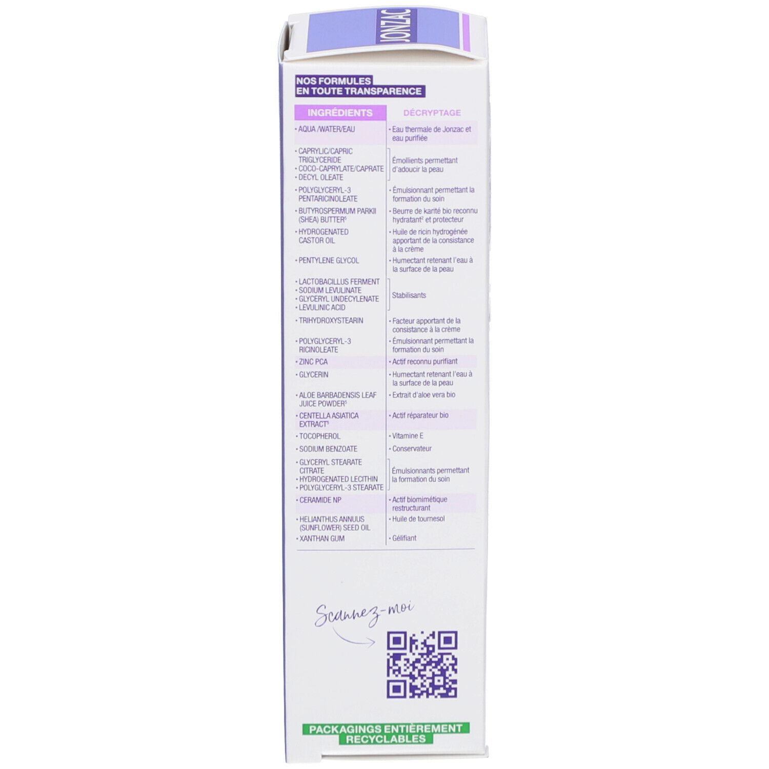 Ingrédients de l'emballage de la crème Jonzac +Cica. Texte multilingue. Code QR. Logo de recyclage.