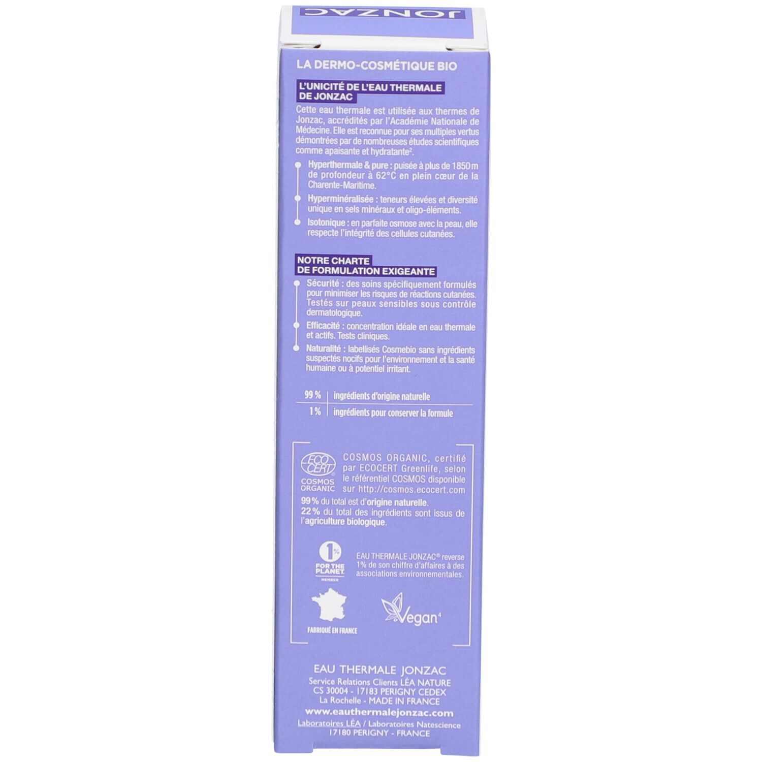 Informations sur la dermocosmétique bio sur l'emballage de la crème Jonzac +Cica. Texte multilingue. Logos.