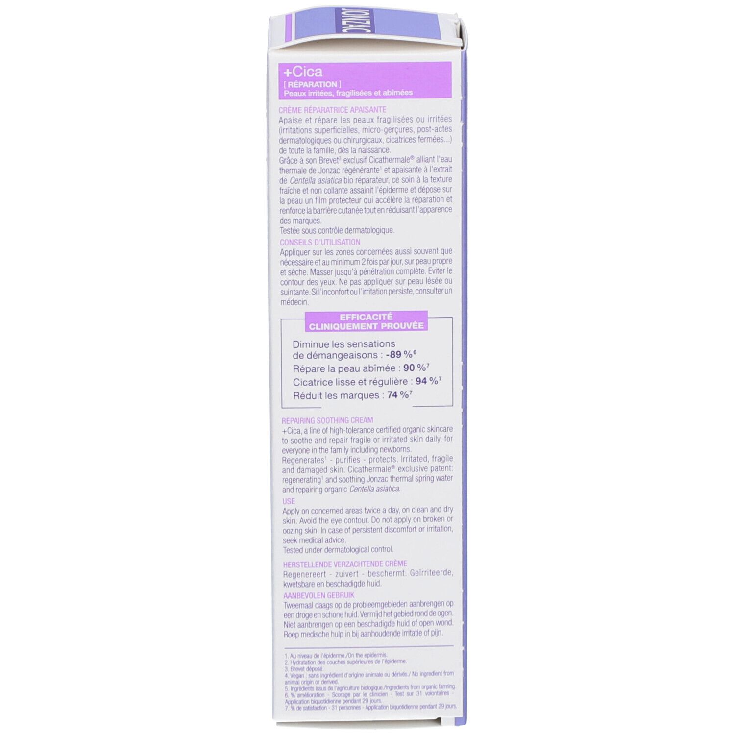 Instructions d'utilisation sur l'emballage de la crème Jonzac +Cica. Texte multilingue. Logos. Cliniquement prouvé.