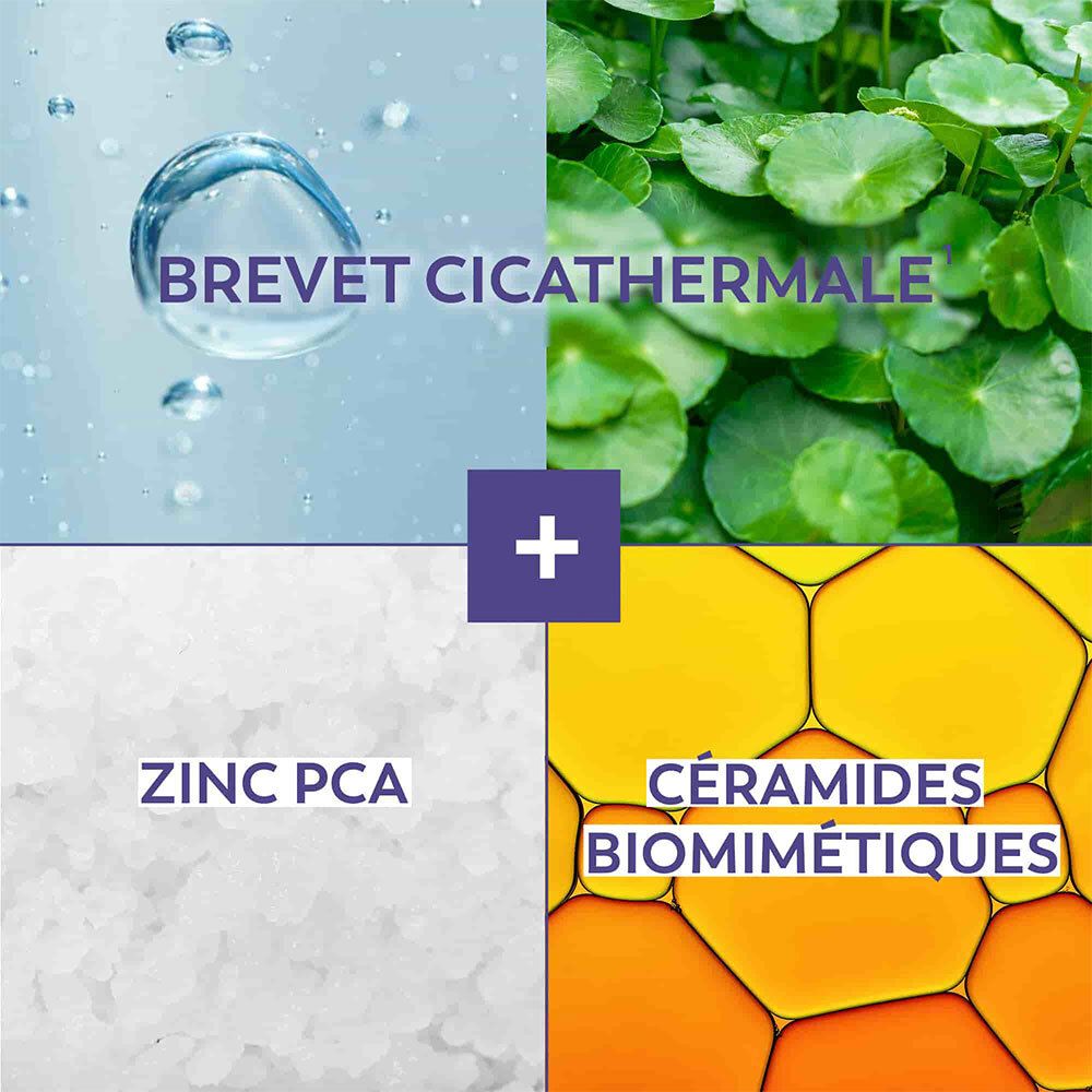 Collage de quatre éléments: gouttes d'eau, feuilles vertes, Zinc PCA et Céramides biomimétiques.