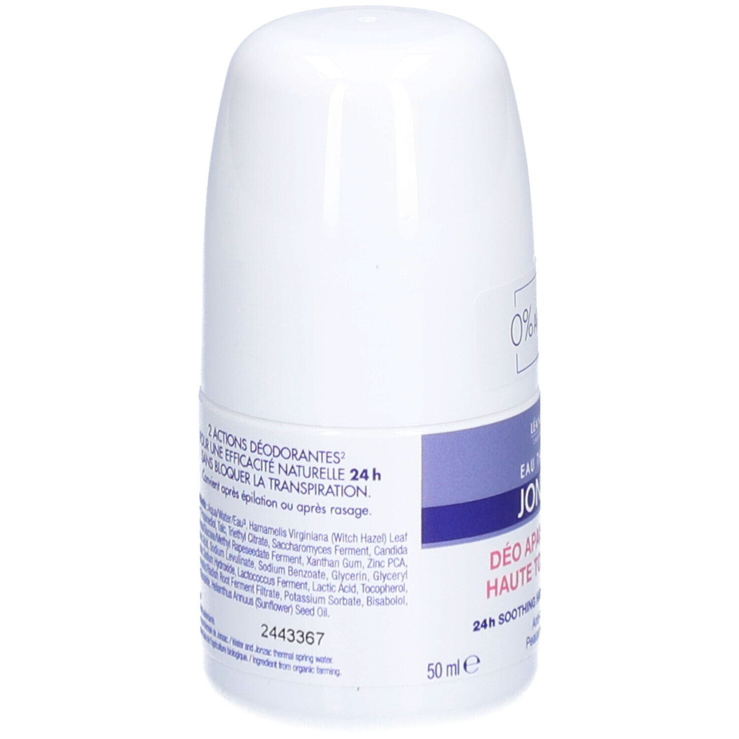 Dos du déodorant roll-on. Texte: 2 Actions Déodorantes, ingrédients, EAU THERMALE JONZAC. Certification Bio.