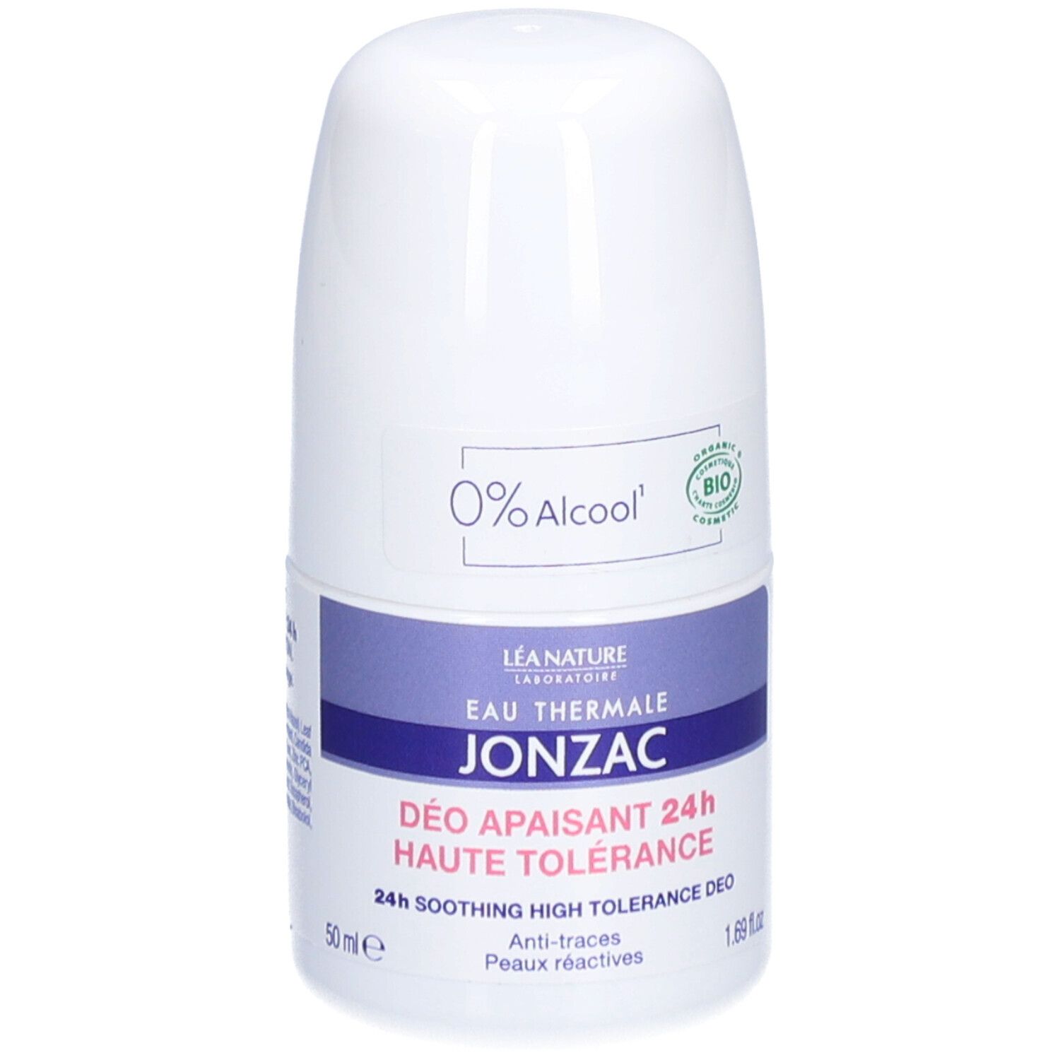 Déodorant roll-on blanc. Étiquette violette et bleue. Texte: 0% Alcool, EAU THERMALE JONZAC, Déo apaisant 24h. Certifié Bio.