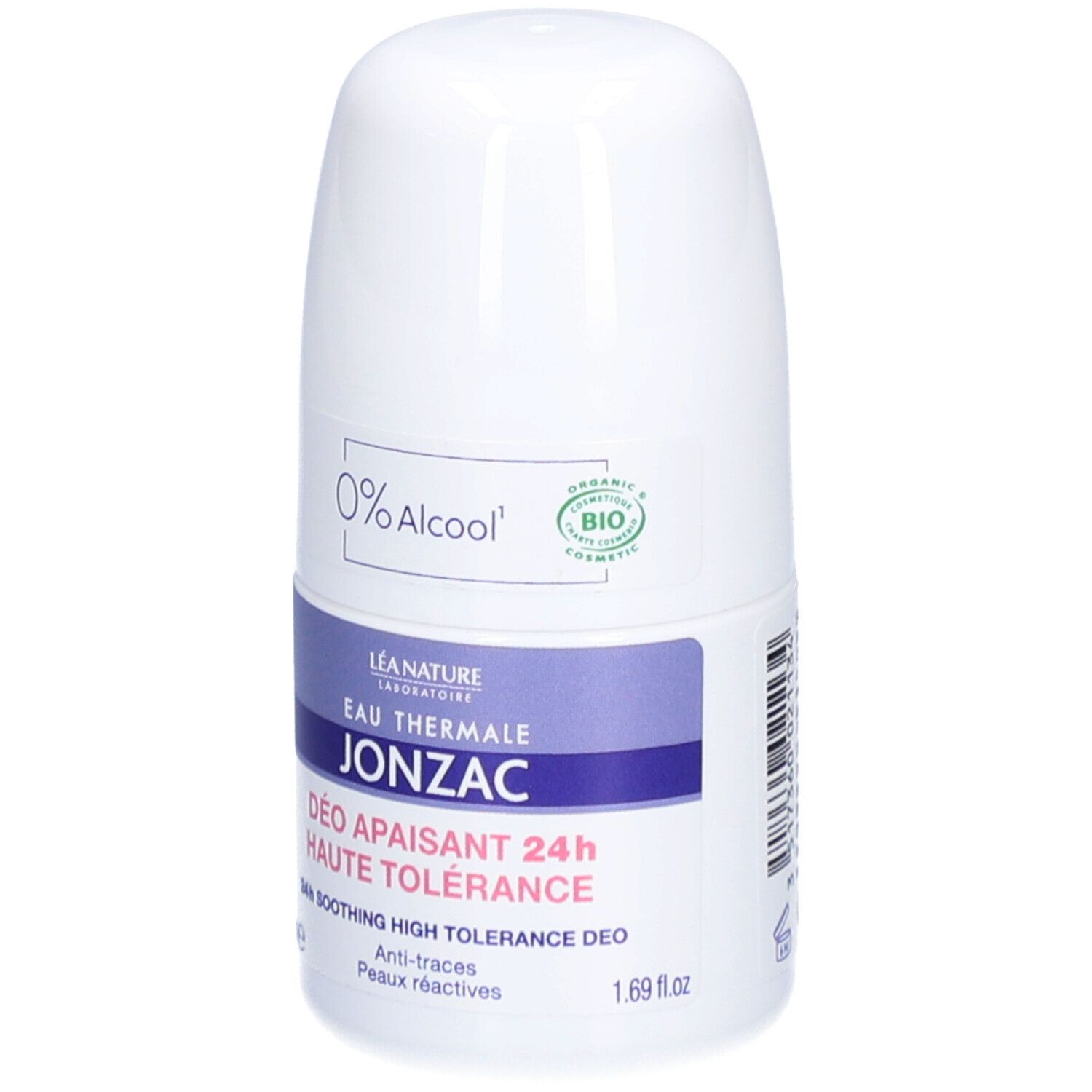 Déodorant roll-on blanc. Étiquette violette et bleue. Texte: 0% Alcool, EAU THERMALE JONZAC, Déo apaisant 24h. Certifié Bio.