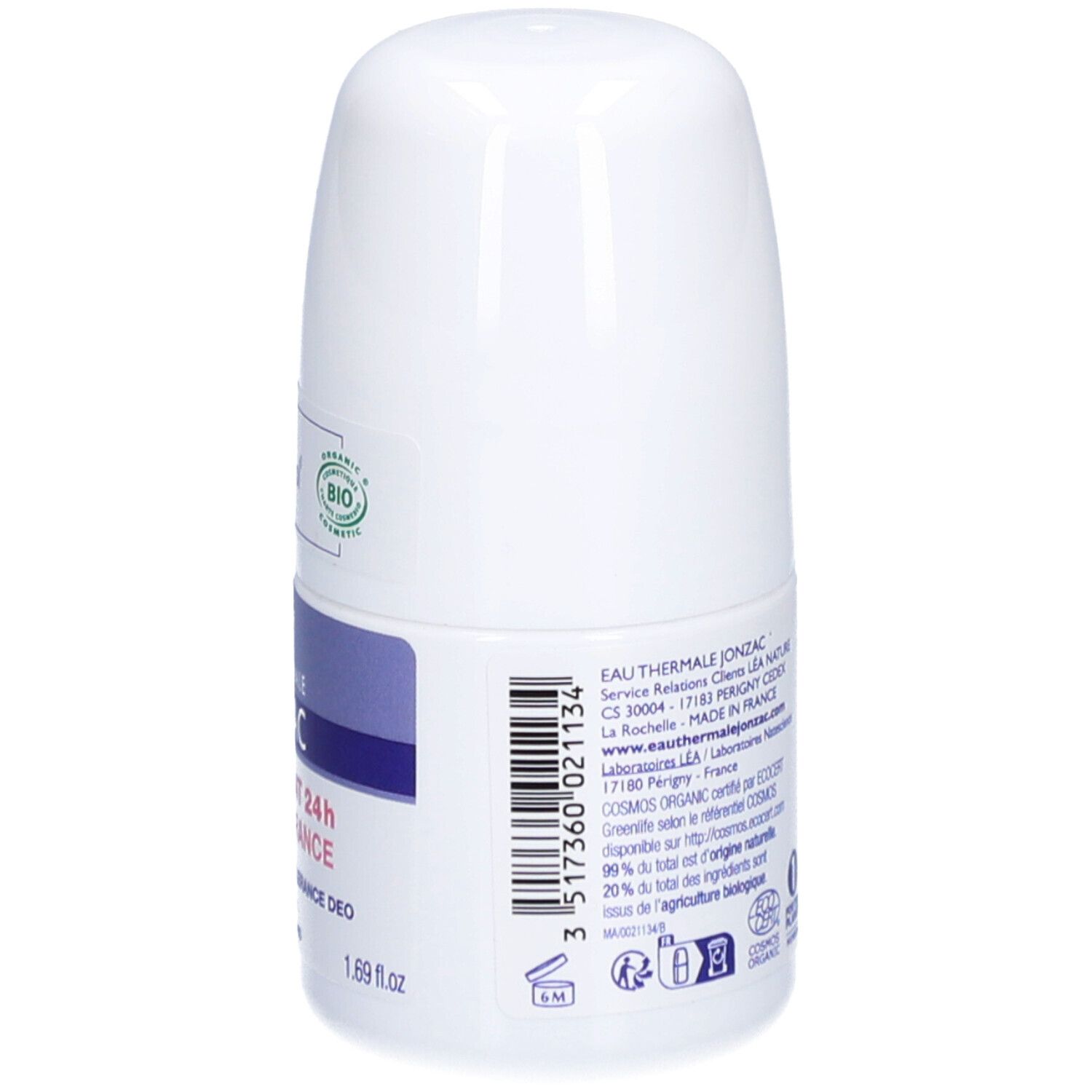 Dos du déodorant roll-on. Texte: EAU THERMALE JONZAC, COSMOS ORGANIC, adresse, code-barres, certification Bio.