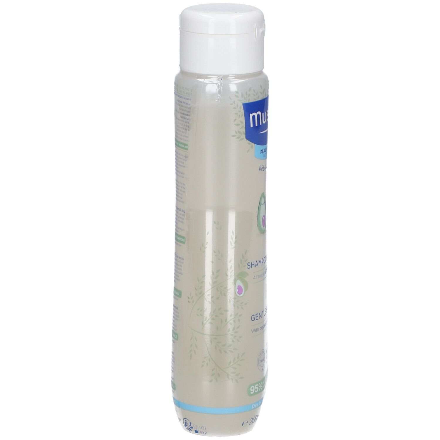 Flacon de Mustela Bébé Enfant Shampoing Doux, vue latérale. Bouchon blanc, flacon transparent avec texte et illustrations.