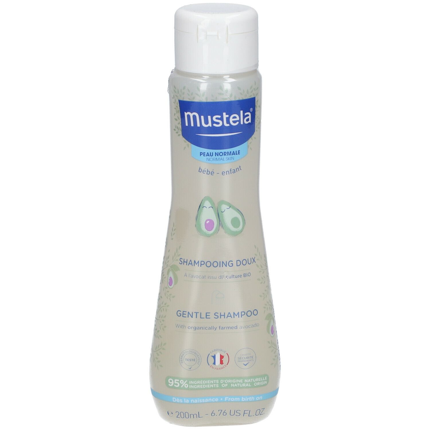 Flacon de Mustela Bébé Enfant Shampoing Doux, vue latérale. Bouchon blanc, flacon transparent avec texte et code-barres.