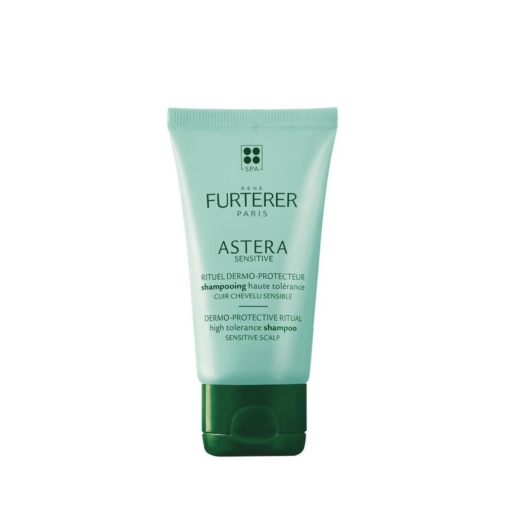 Tube de shampooing ASTERA SENSITIVE, vert et blanc. Texte: RENE FURTERER PARIS, sensitive, Dermo-Protective Ritual.