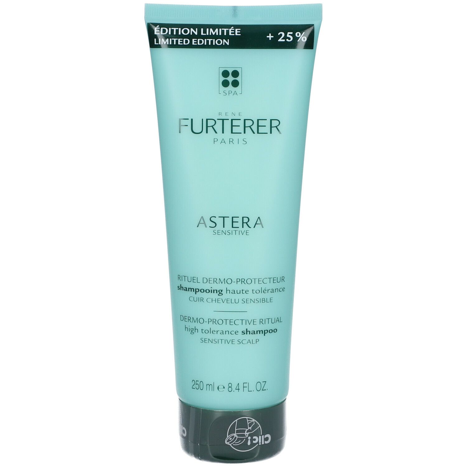 Tube vert clair avec texte. "Édition Limitée" et "+25%" sont visibles. "Astera Sensitive" et "250 ml" sont également présents.