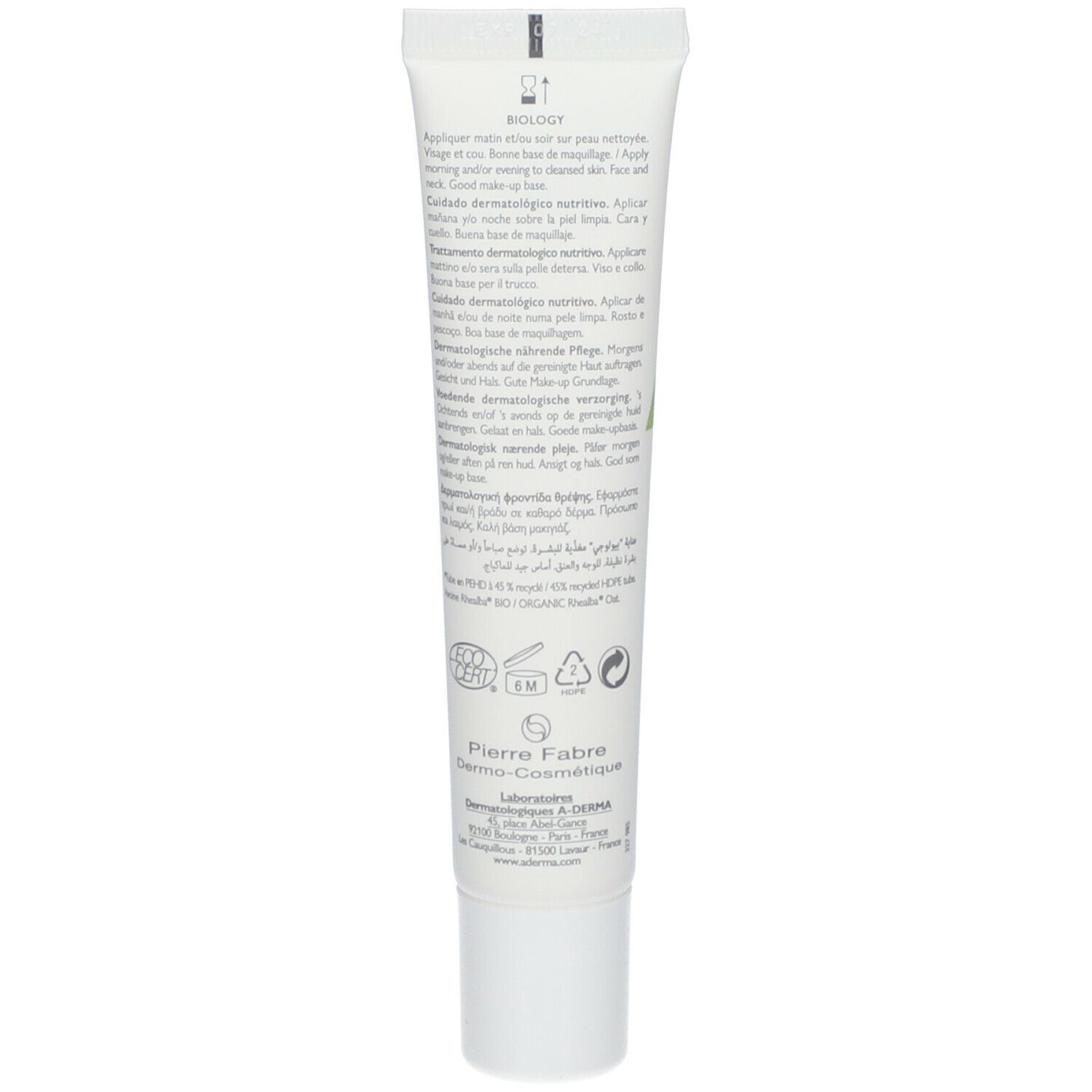 Dos du tube A-DERMA BIOLOGY NUTRI. Texte multilingue. Fabricant : Pierre Fabre.