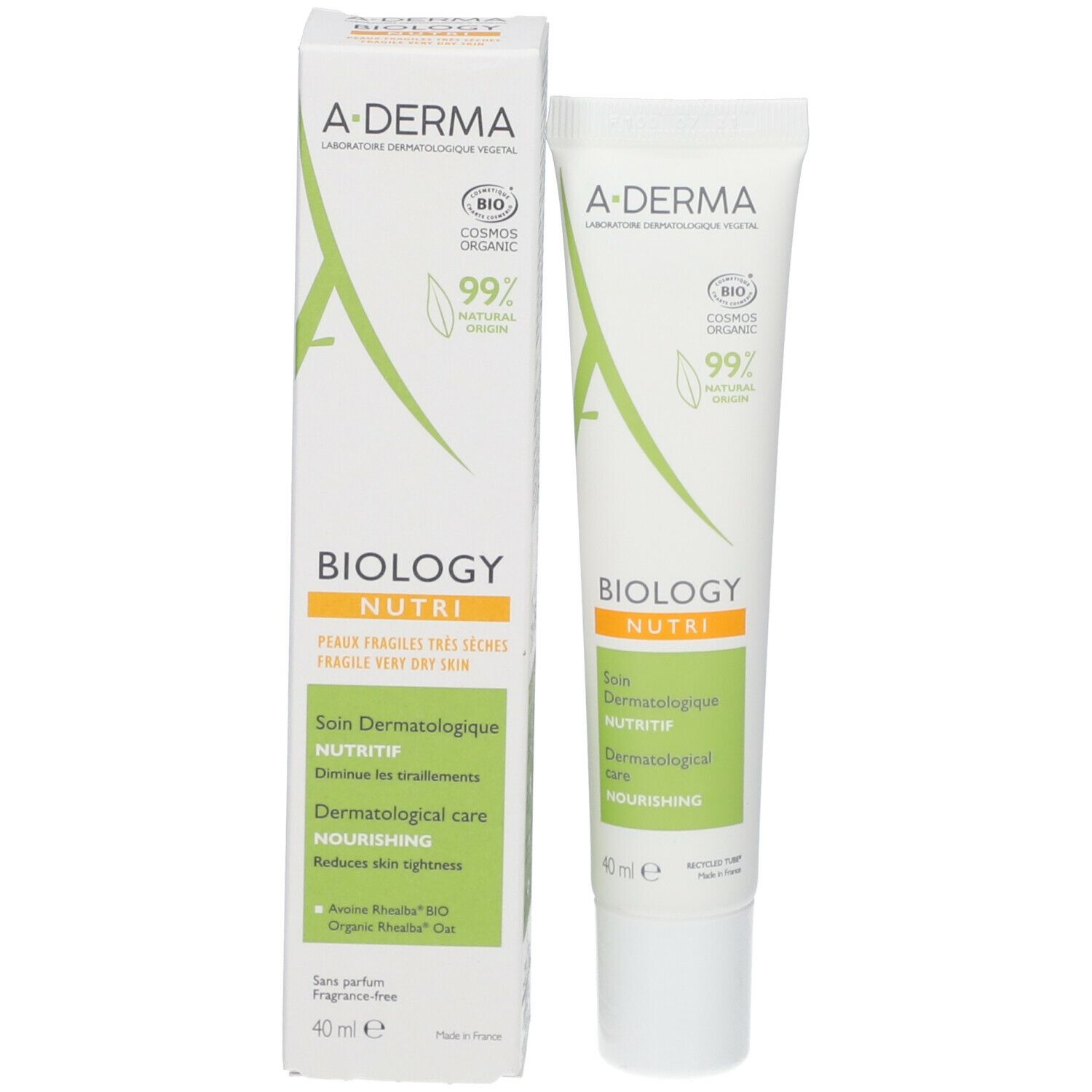 A-DERMA BIOLOGY NUTRI. Boîte et tube. 40 ml. Soin dermatologique pour peaux sèches.