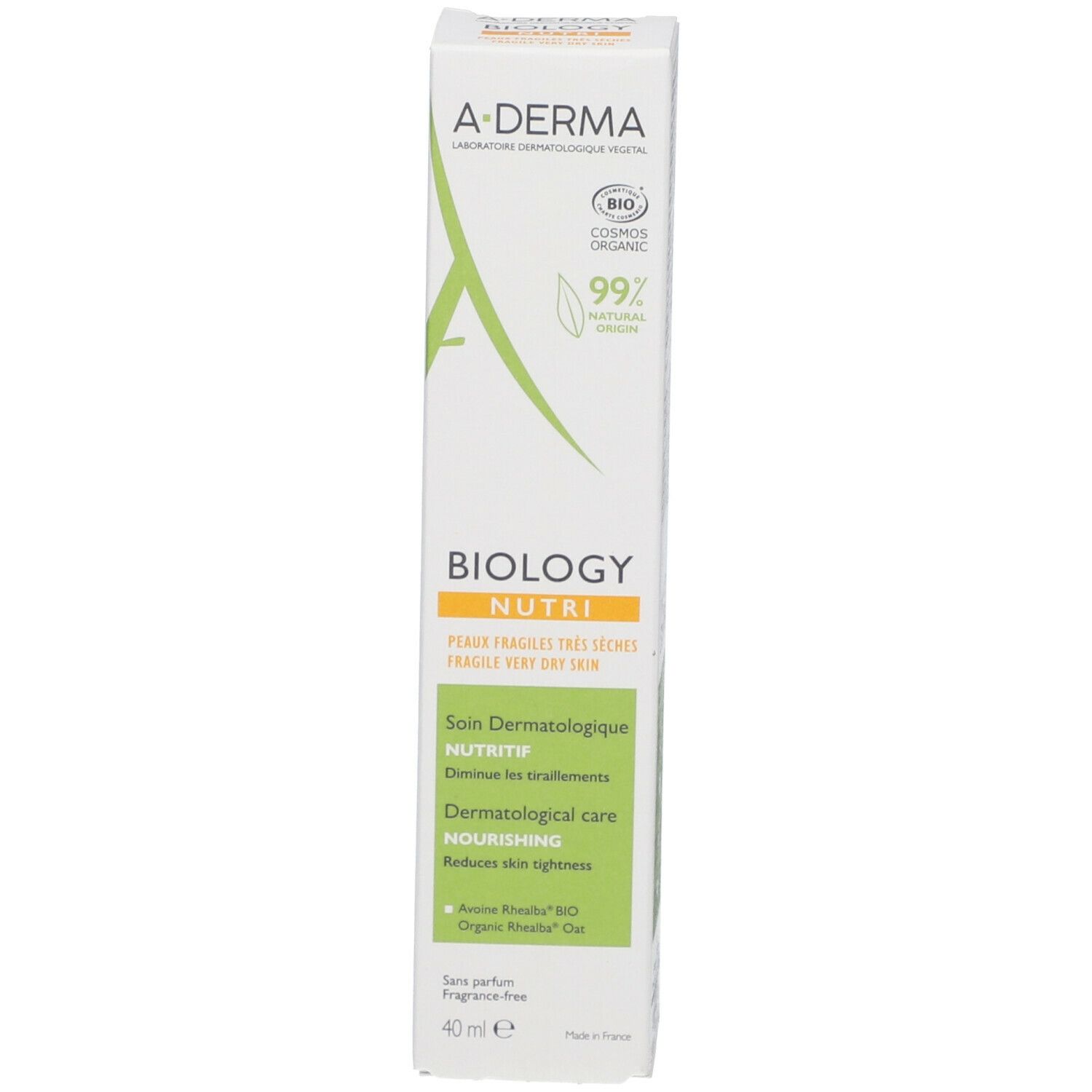 Boîte A-DERMA BIOLOGY NUTRI. Texte : Peaux très sèches. Soin dermatologique.