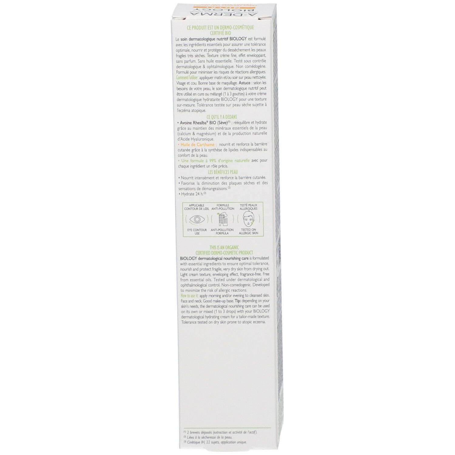 Boîte A-DERMA BIOLOGY NUTRI. Texte multilingue. Informations environnementales.