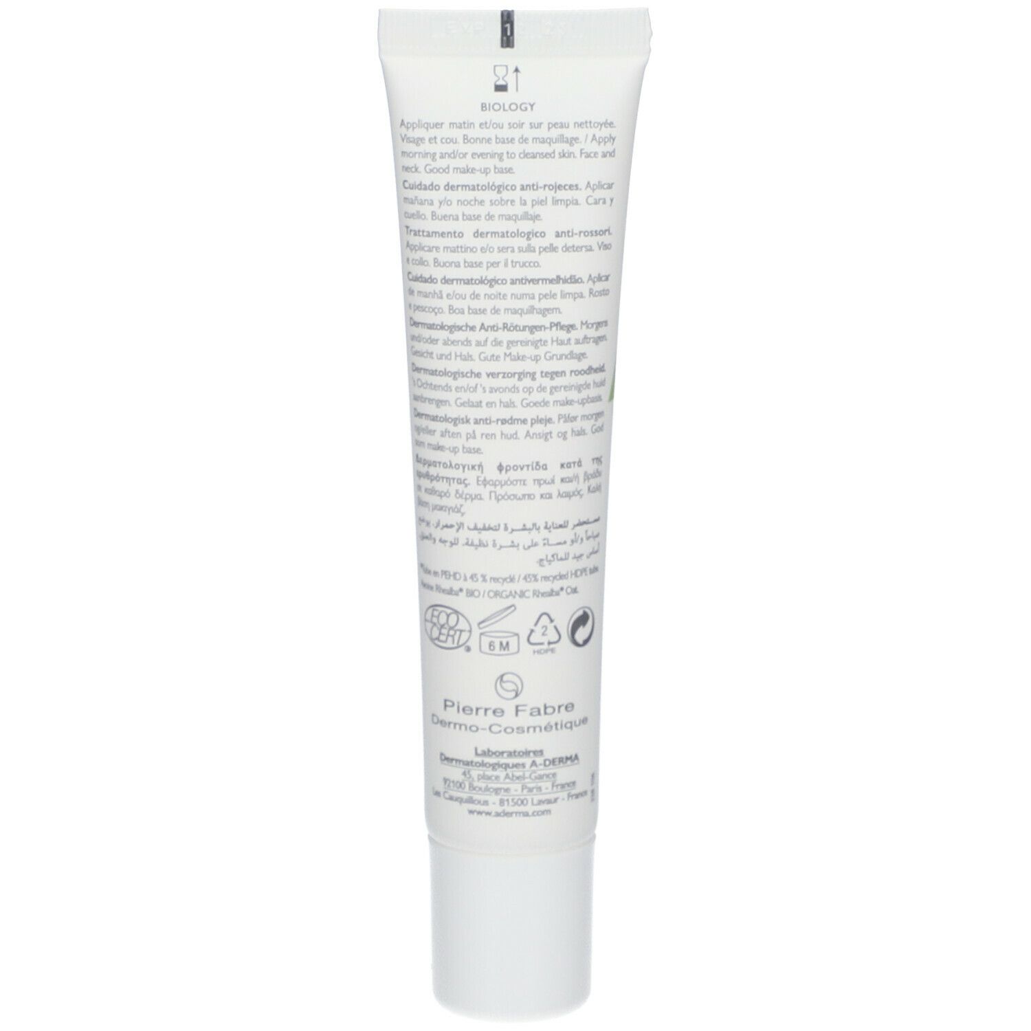 Dos du tube de crème A-DERMA BIOLOGY AR. Texte multilingue. Logo Pierre Fabre. Certifications.