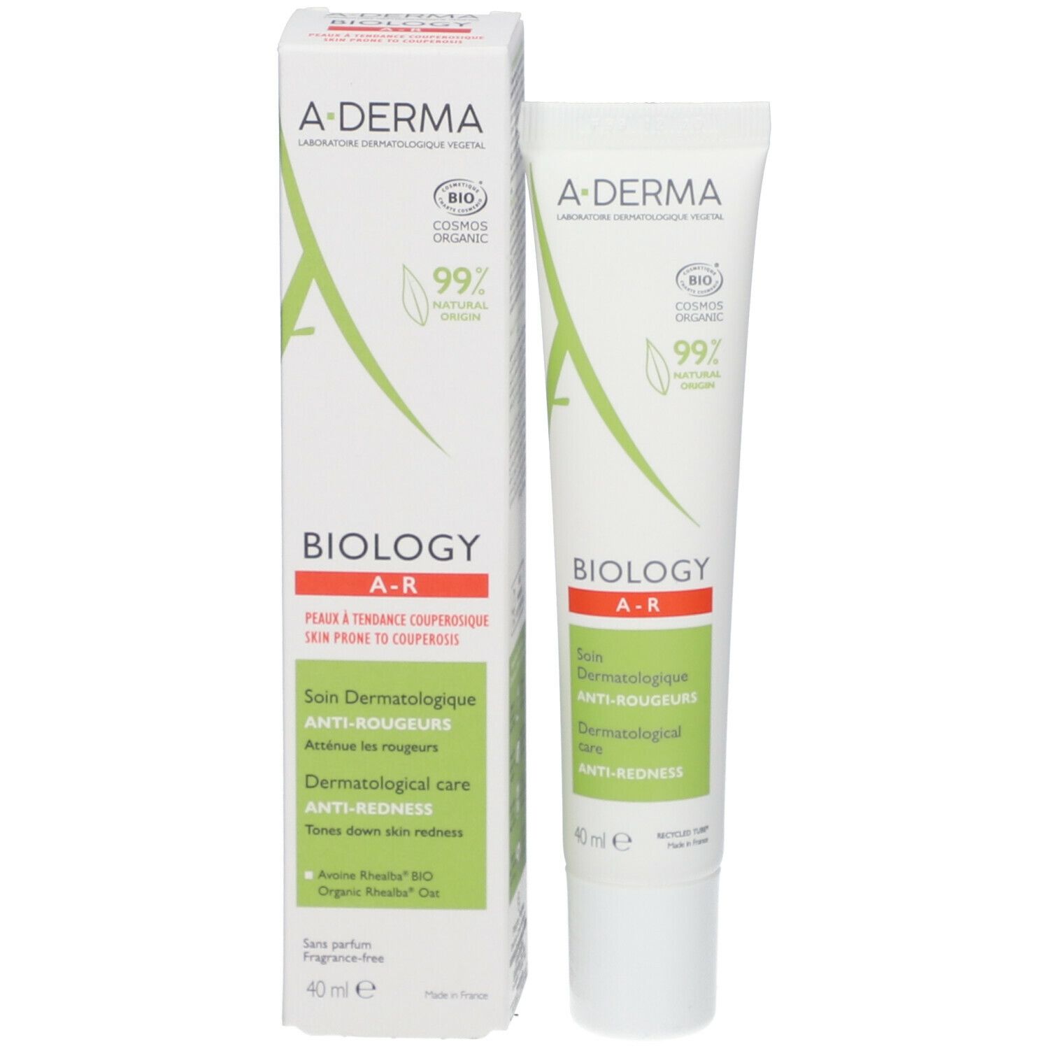 Emballage et tube A-DERMA BIOLOGY AR. Blanc avec des accents verts. Texte : BIOLOGY A-R, Soin dermatologique anti-rougeurs. 40 ml.