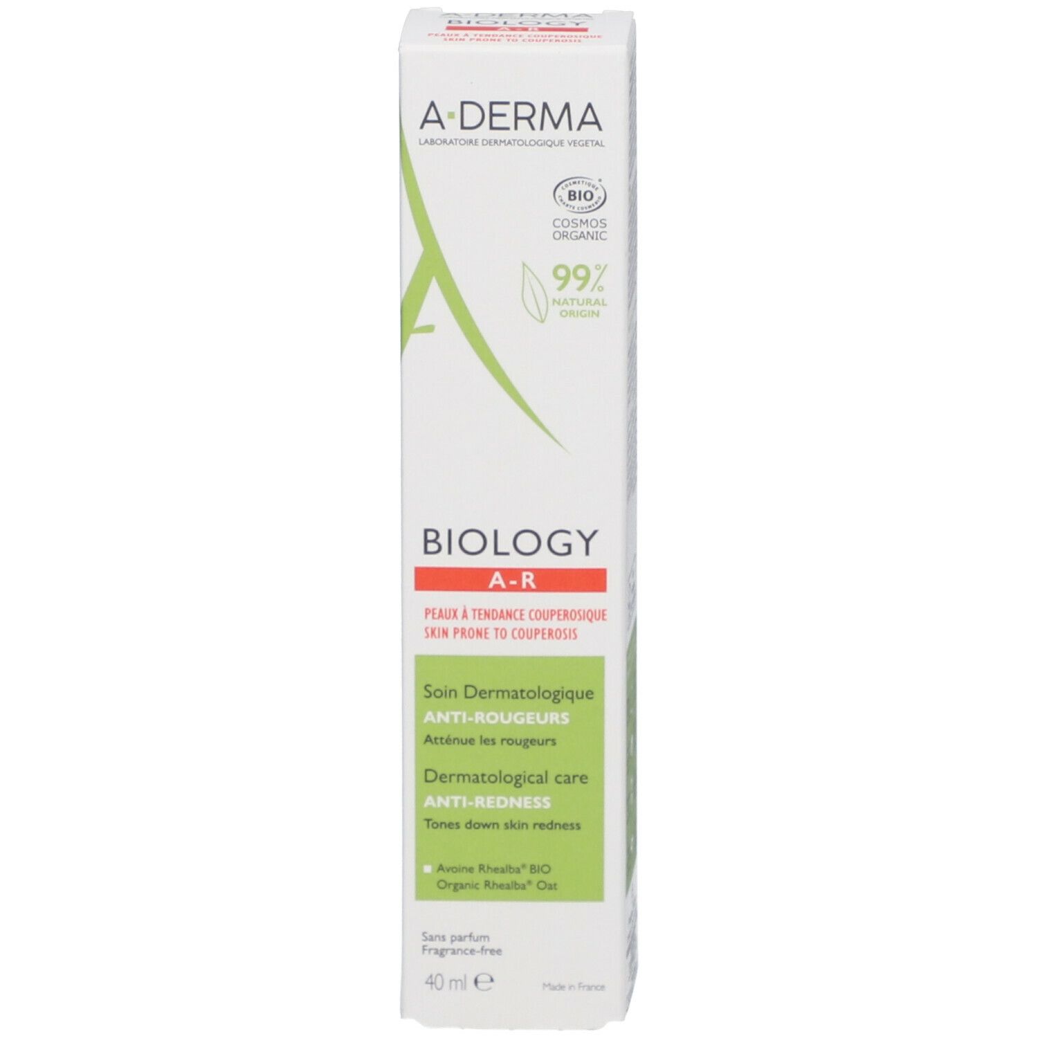 Emballage A-DERMA BIOLOGY AR. Blanc avec des accents verts. Texte : BIOLOGY A-R, Soin dermatologique anti-rougeurs. 40 ml.
