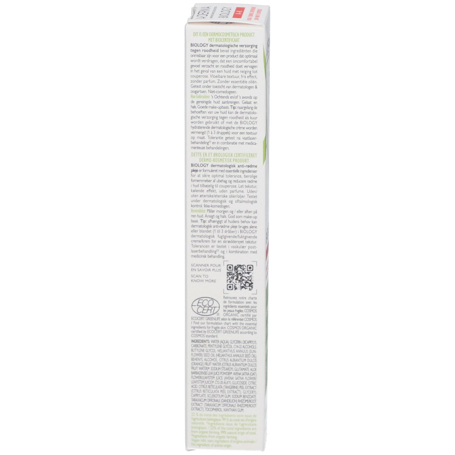 Dos de l'emballage A-DERMA BIOLOGY AR. Texte multilingue. Certifications et logos.