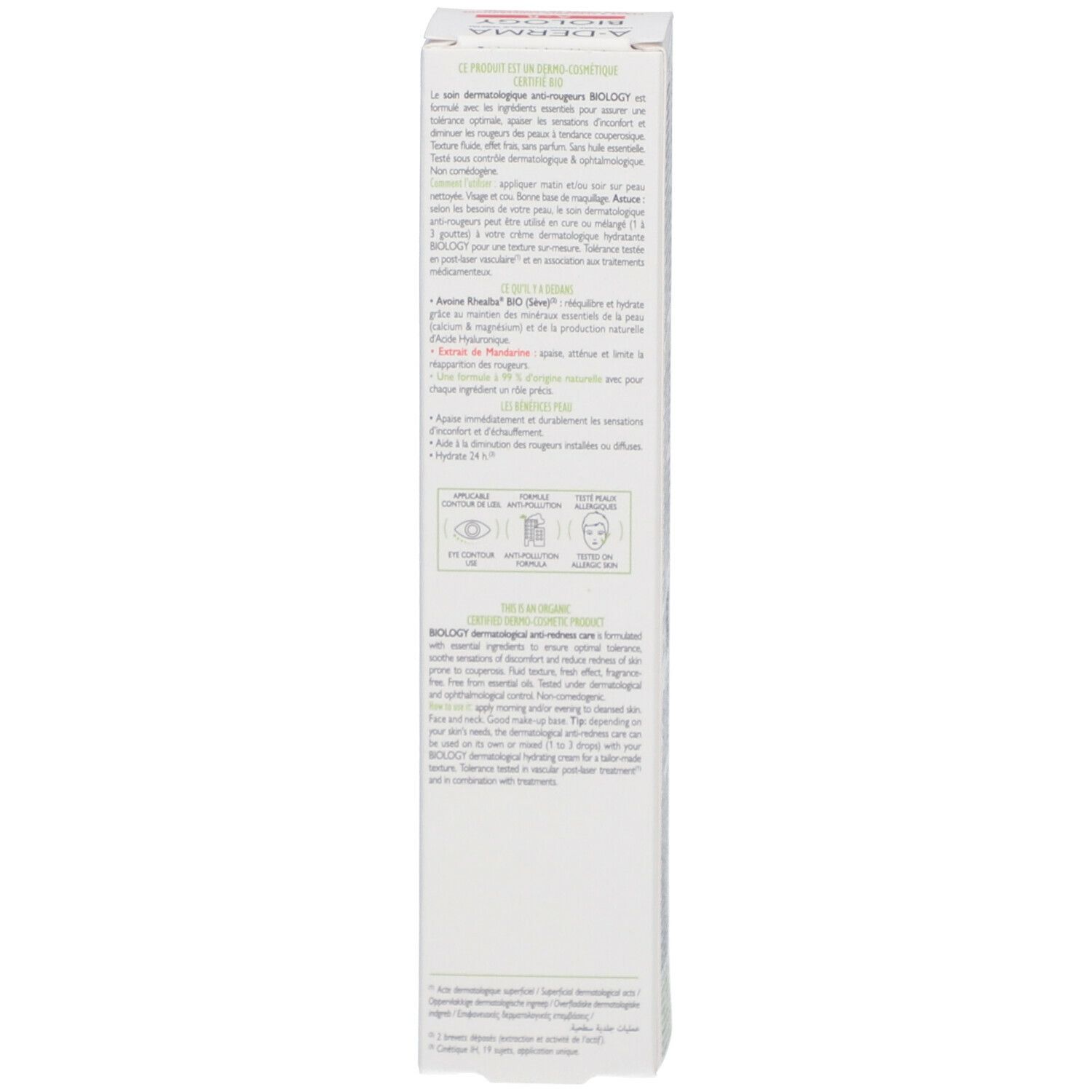 Dos de l'emballage A-DERMA BIOLOGY AR. Texte multilingue. Certifications et logos.