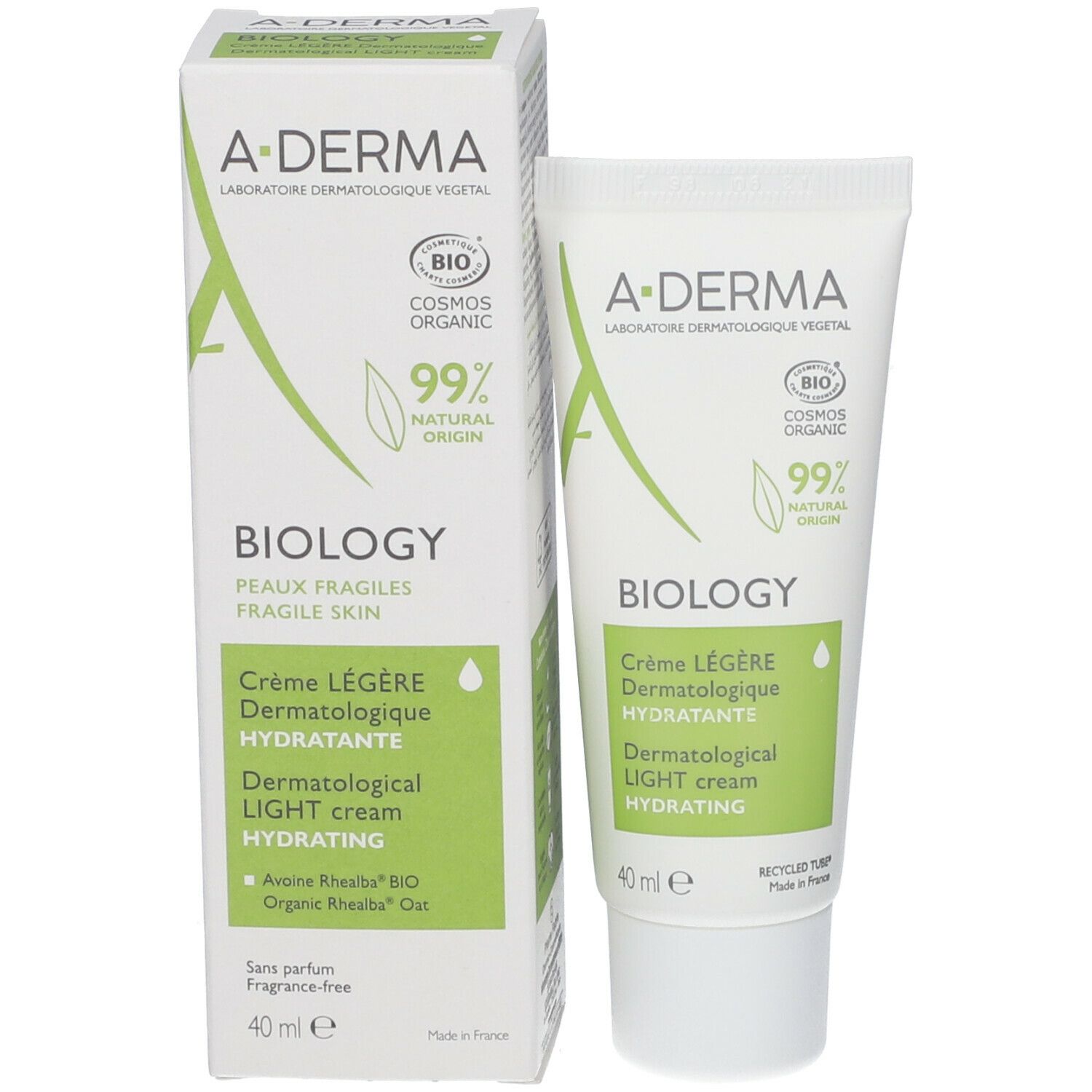 A-DERMA BIOLOGY crème et boîte. Crème Légère, 40 ml. COSMOS ORGANIC. Pour peaux fragiles.