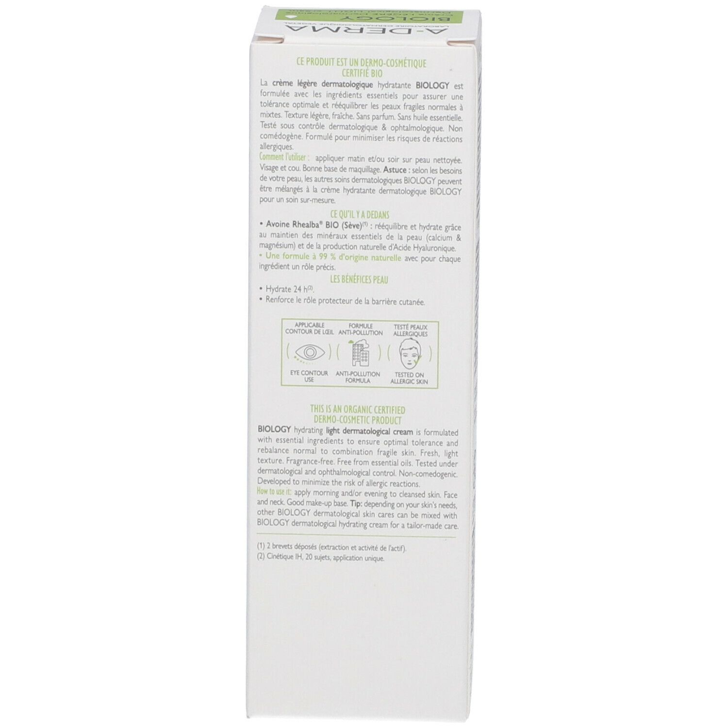 Côté de la boîte A-DERMA BIOLOGY. Texte multilingue. Informations sur le produit.