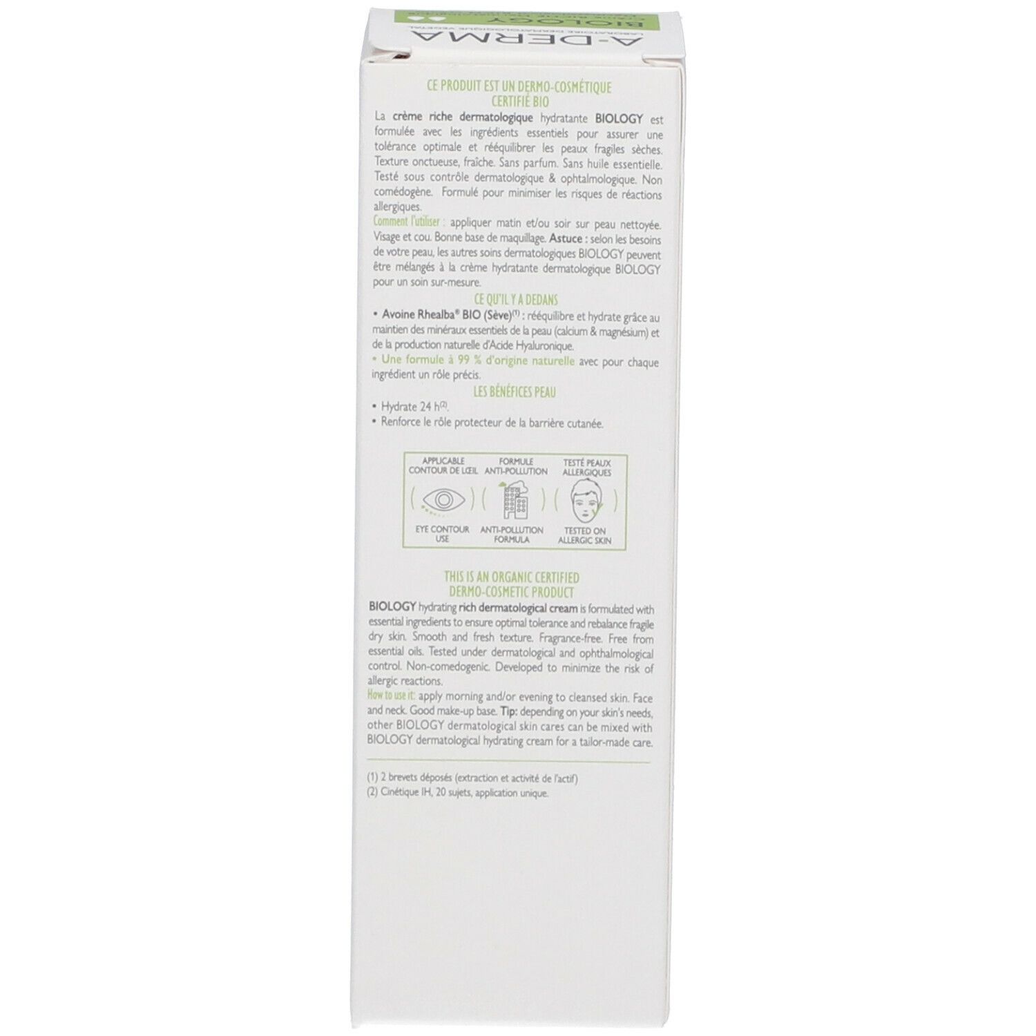 Dos de l'emballage. Texte multilingue. Instructions d'utilisation. Certifications. Soin de la peau.