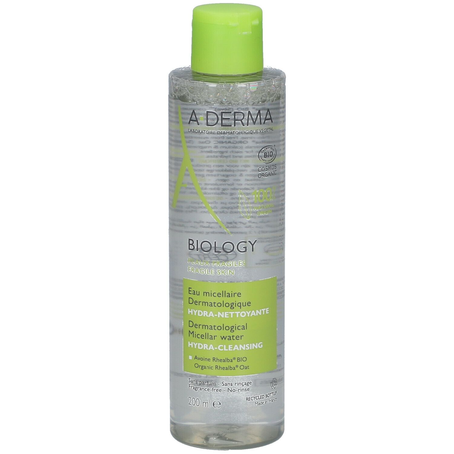 A-DERMA BIOLOGY eau micellaire. Flacon avec bouchon vert. Inscription: Biology, Hydra-Cleansing, 200 ml.