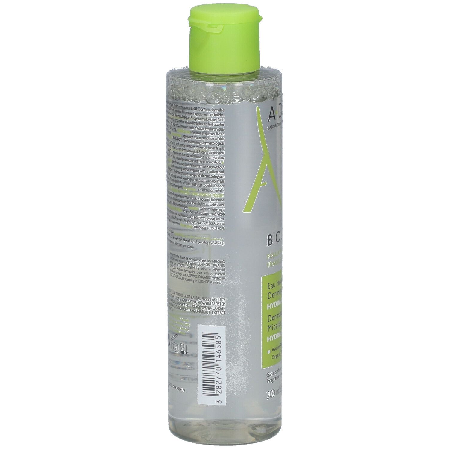 Dos du flacon d'eau micellaire A-DERMA BIOLOGY. Texte multilingue. Autocollant vert avec ingrédients.
