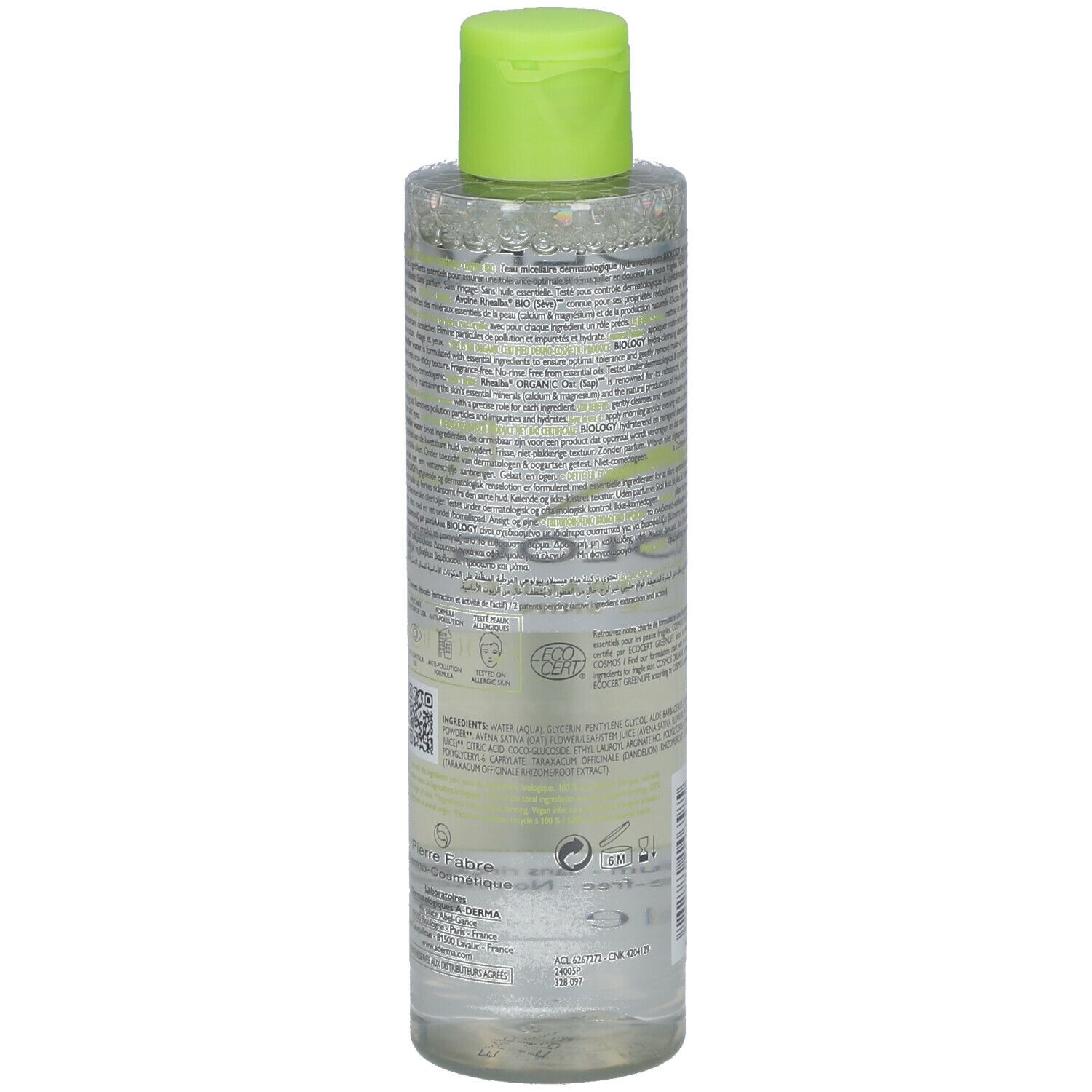 Dos du flacon d'eau micellaire A-DERMA BIOLOGY. Texte multilingue. Autocollant vert avec ingrédients.