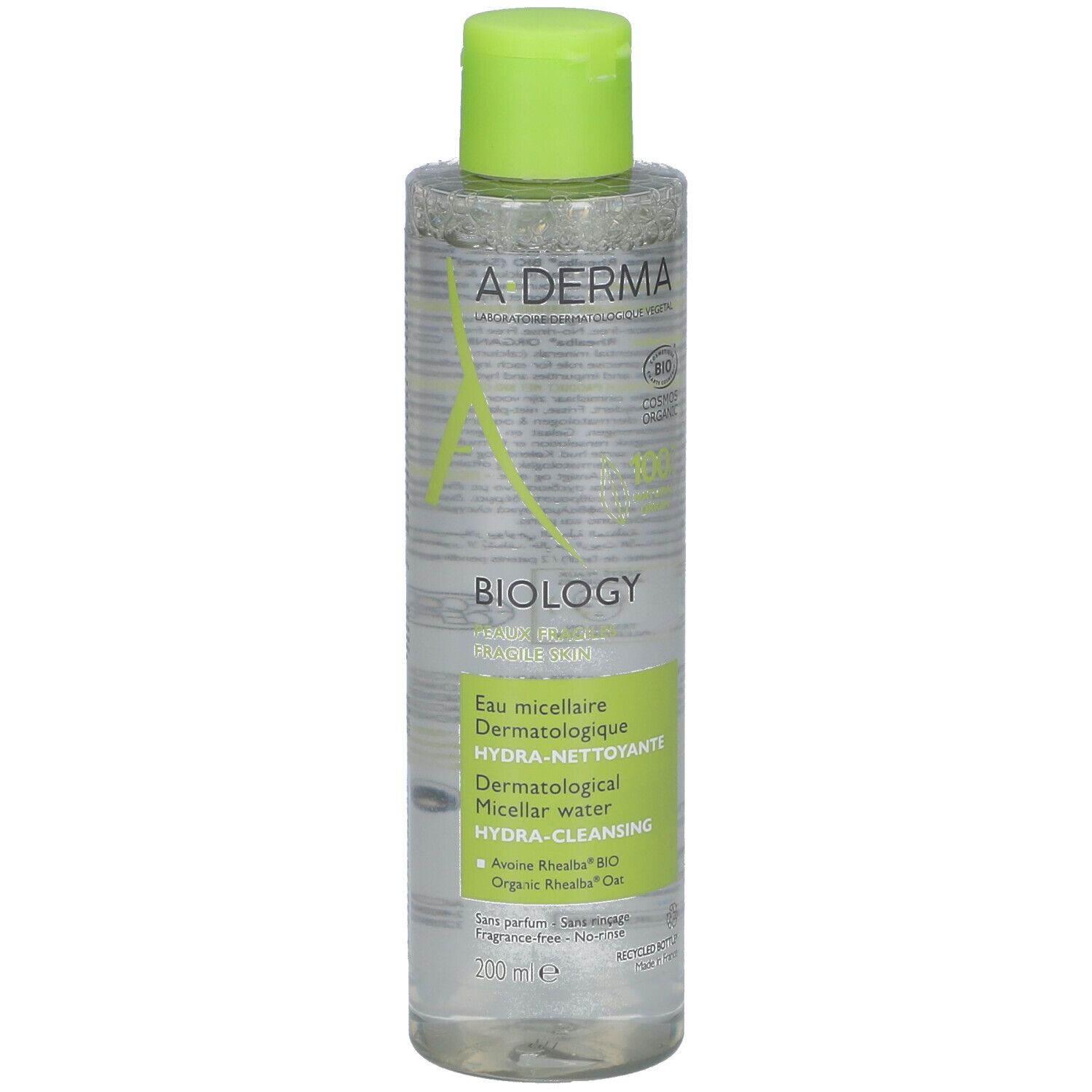 A-DERMA BIOLOGY eau micellaire. Flacon avec bouchon vert. Inscription: Biology, Hydra-Cleansing, 200 ml.