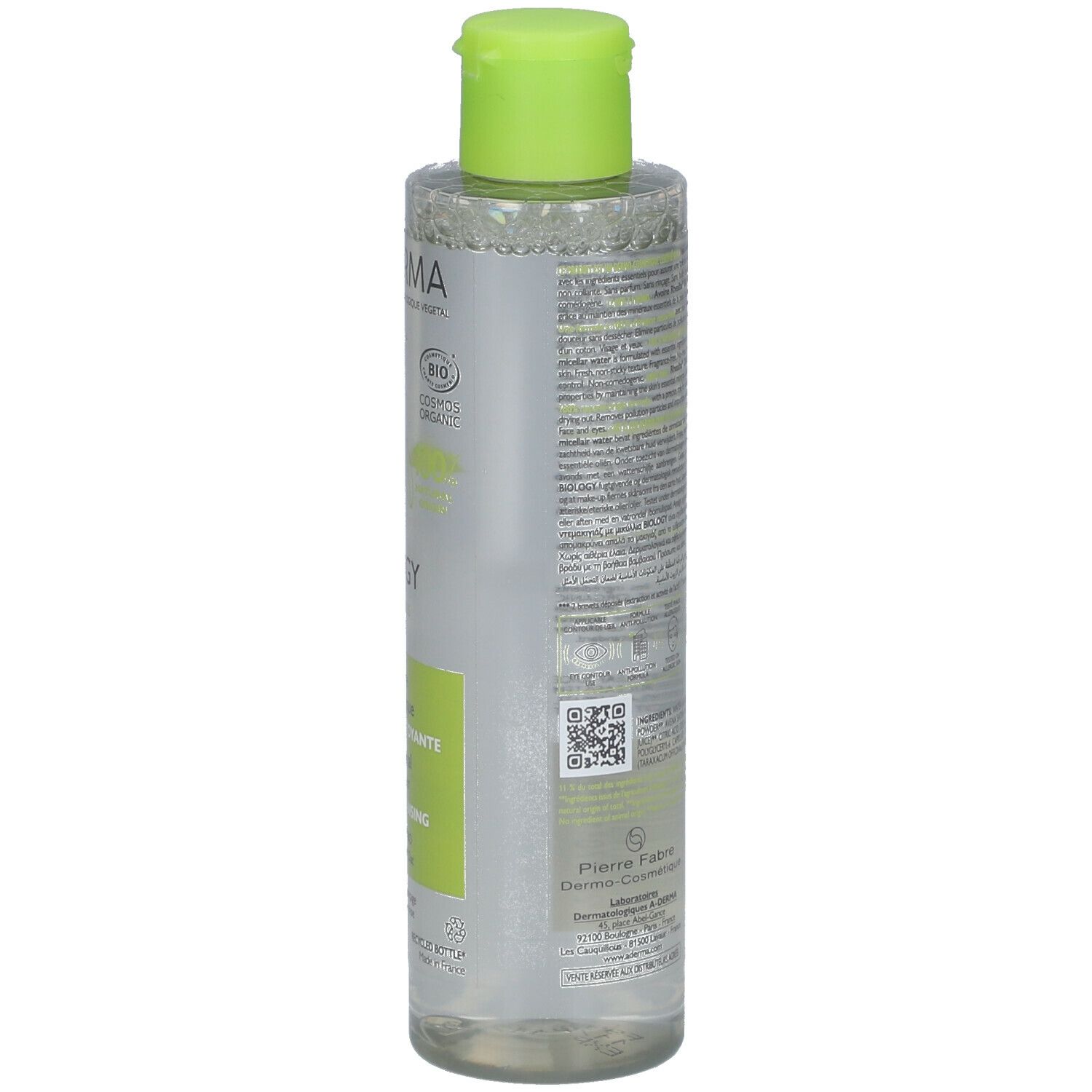 Dos du flacon d'eau micellaire A-DERMA BIOLOGY. Texte multilingue. Autocollant vert avec ingrédients.