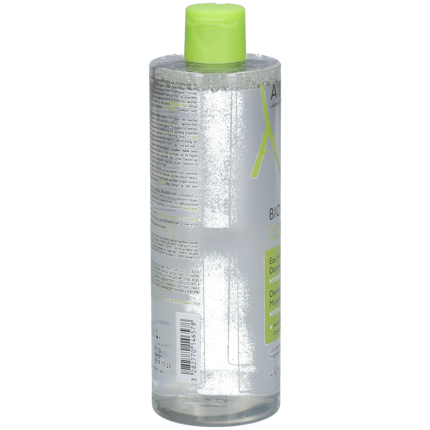 Flacon d'eau micellaire A-DERMA BIOLOGY. Dos. Texte et logos sur fond blanc. Accents verts.