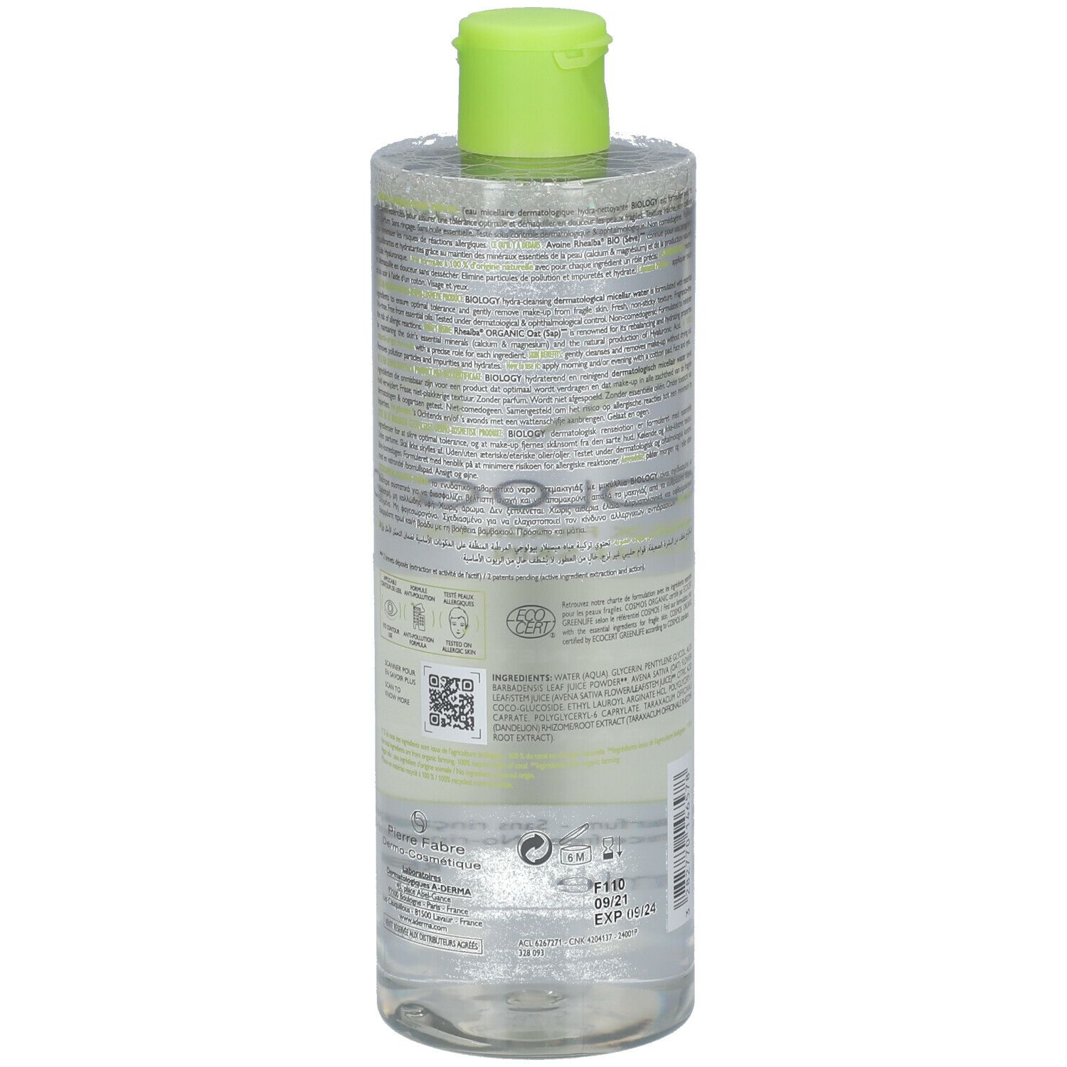 Flacon d'eau micellaire A-DERMA BIOLOGY. Dos. Texte et logos sur fond blanc. Accents verts.