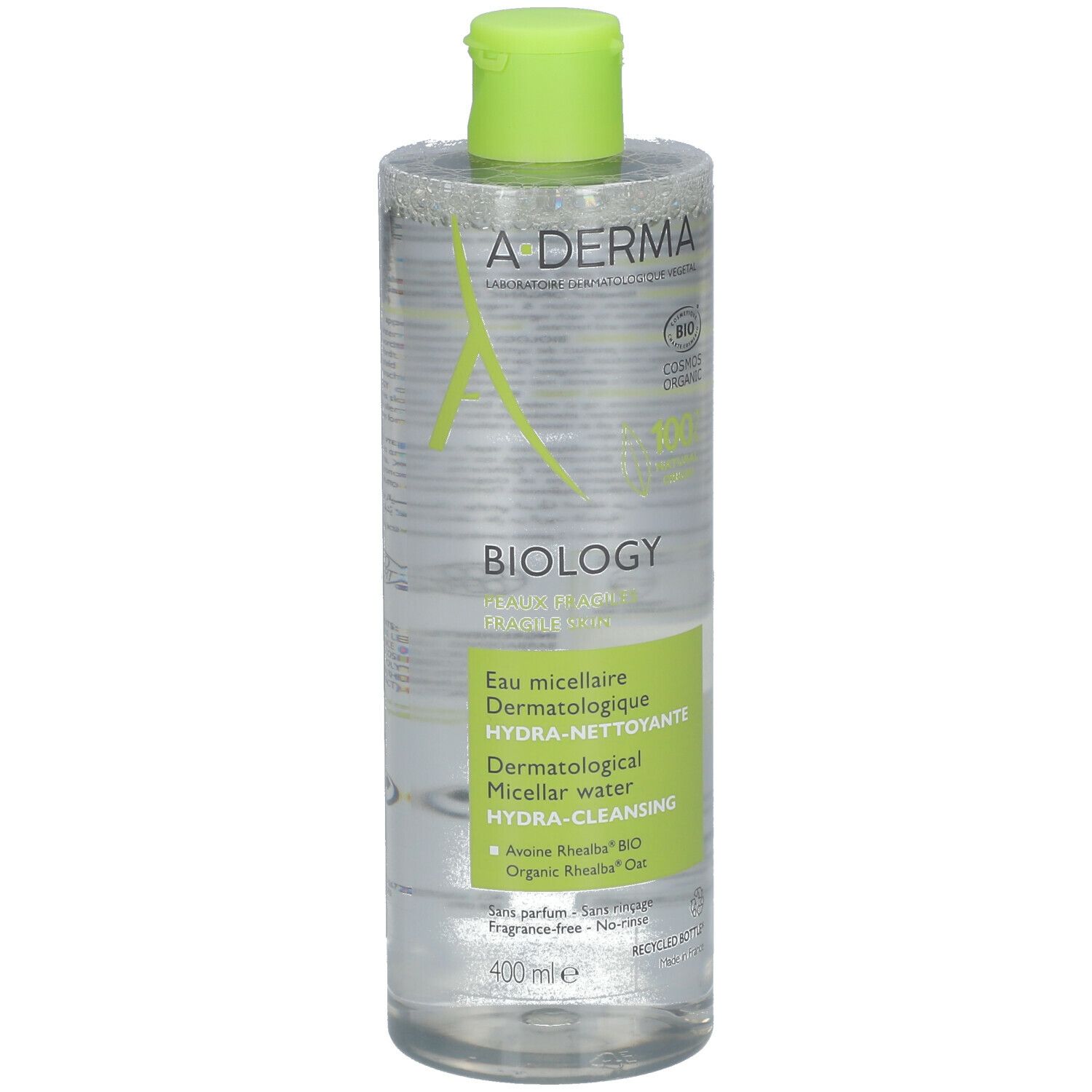 Flacon d'eau micellaire A-DERMA BIOLOGY. Face avant. Emballage vert et blanc. Texte : Hydra-Cleansing, 400 ml.
