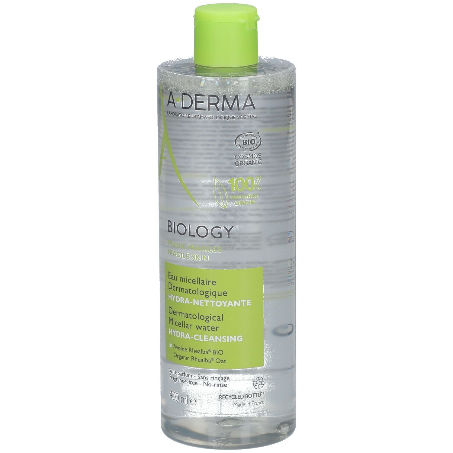 Flacon d'eau micellaire A-DERMA BIOLOGY. Face avant. Emballage vert et blanc. Texte : Hydra-Cleansing, 400 ml.