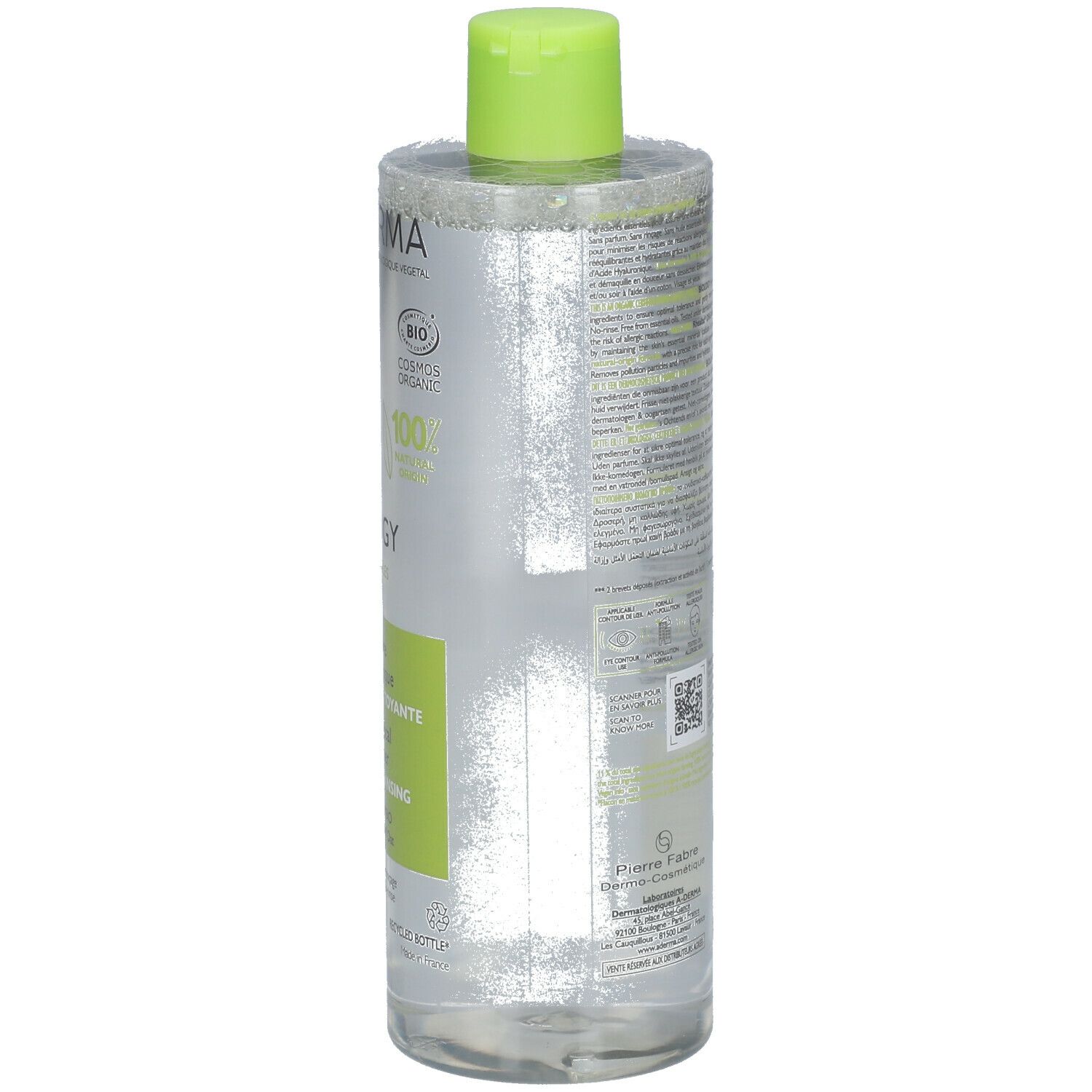 Flacon d'eau micellaire A-DERMA BIOLOGY. Dos. Texte et logos sur fond blanc. Accents verts.