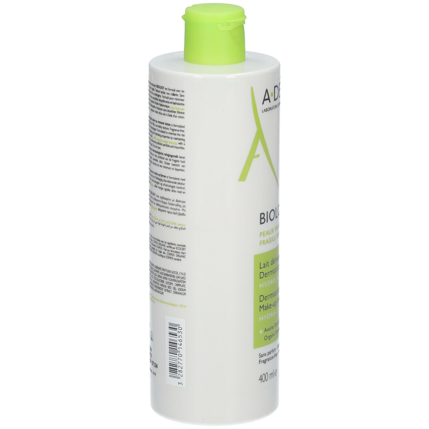 Dos du flacon. Texte multilingue. Code QR et informations fabricant. 400 ml.