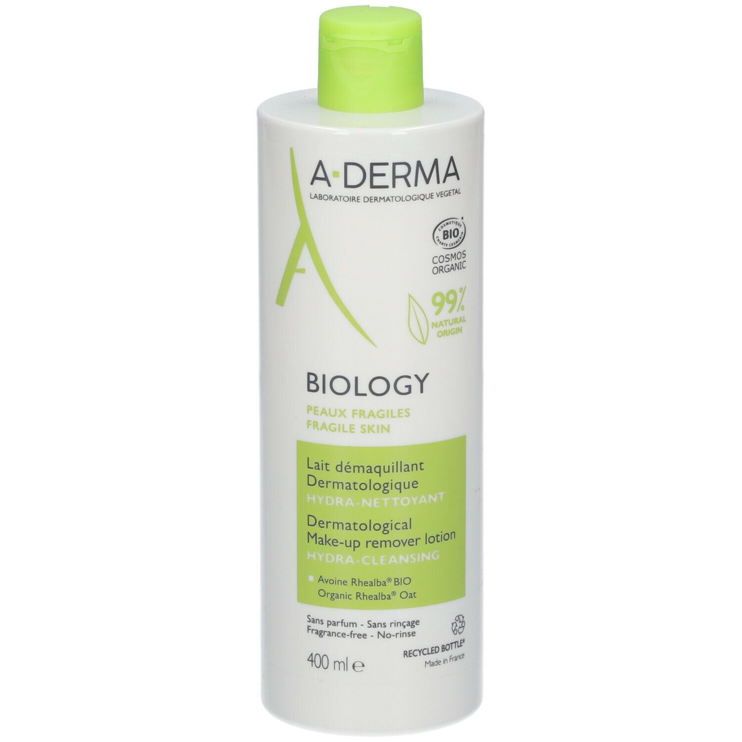Flacon blanc, bouchon vert. Inscription: A-DERMA, BIOLOGY. Pour peaux fragiles. 400 ml.