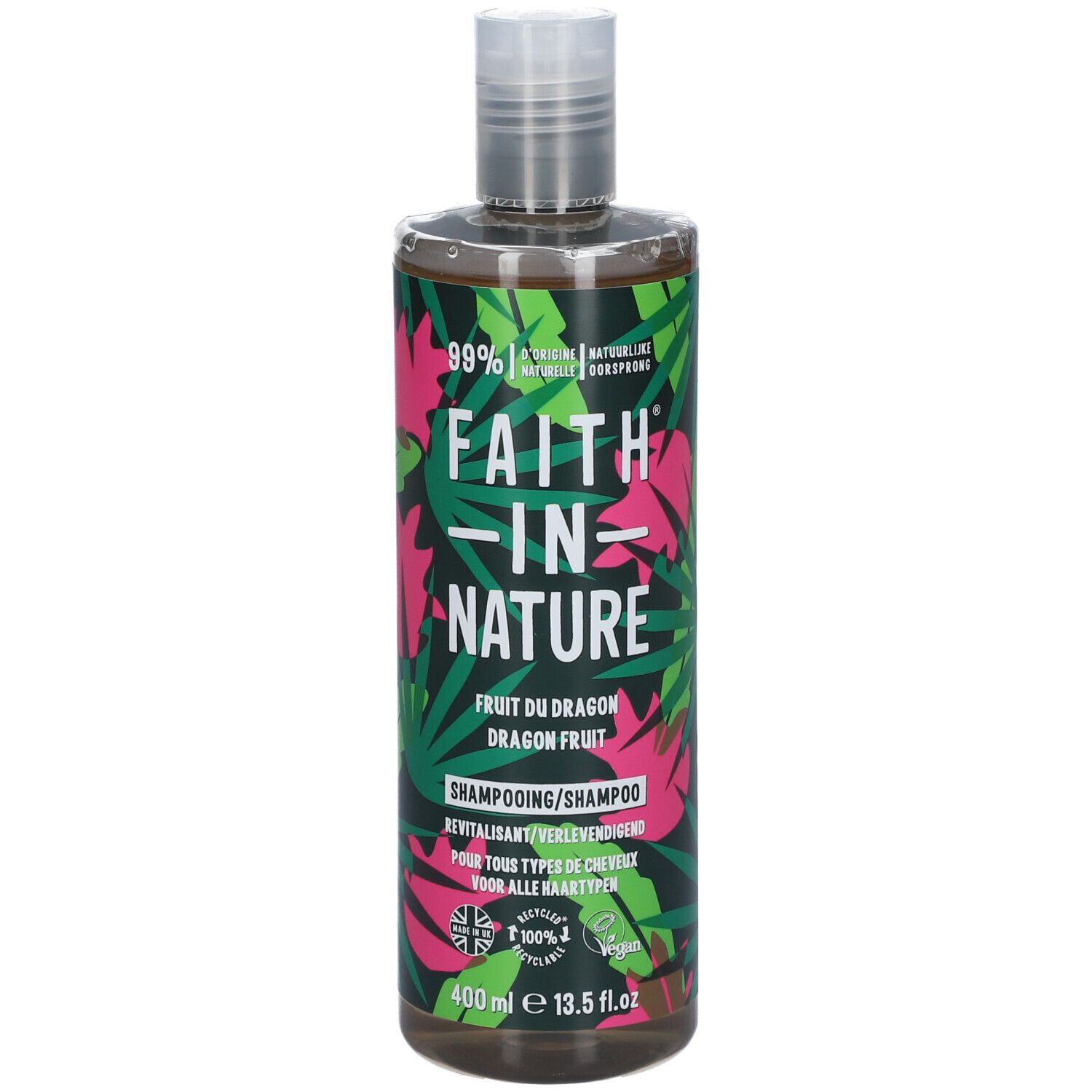 Flacon de shampooing FAITH IN NATURE. Inscription: Fruit du Dragon, Dragon Fruit. 400 ml. Logo recyclé.