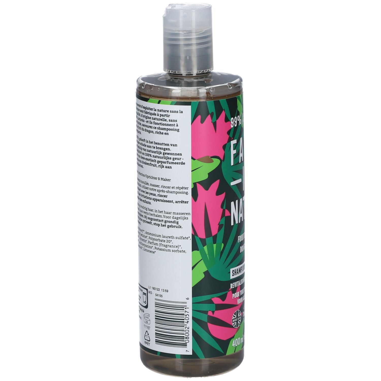 Dos du flacon de shampooing. Texte multilingue. Ingrédients et informations du fabricant.