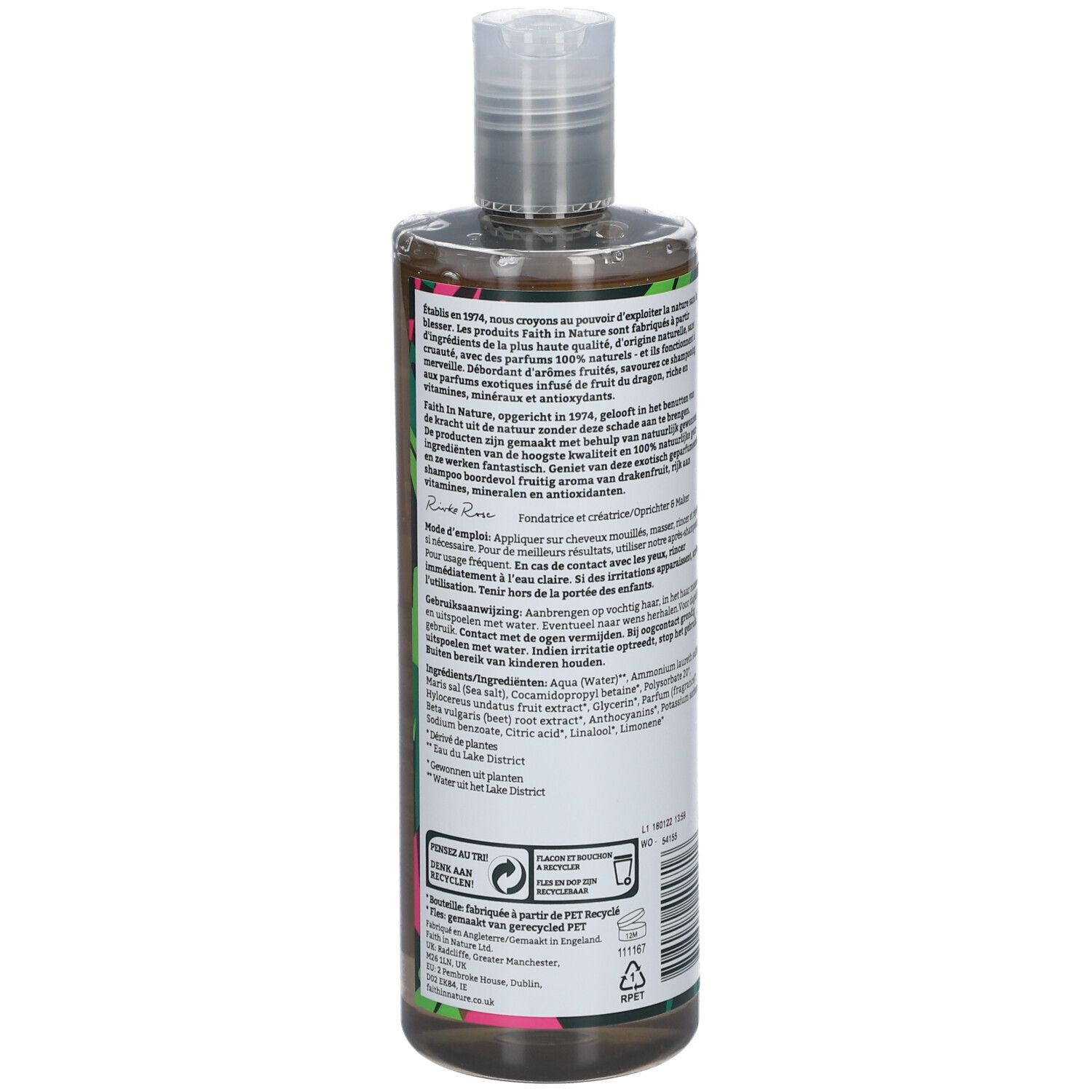 Dos du flacon de shampooing. Texte multilingue. Instructions d'utilisation et ingrédients.