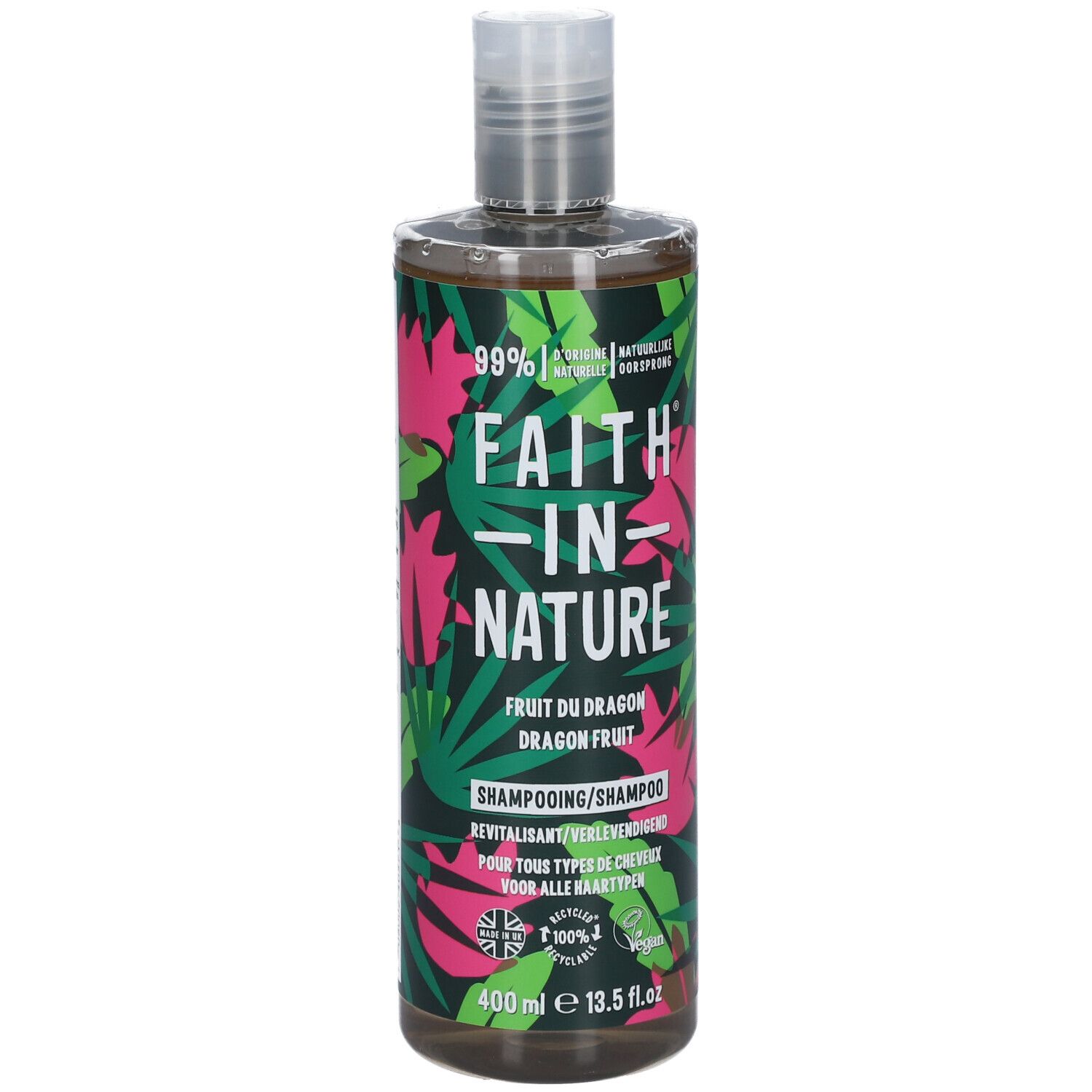 Flacon de shampooing FAITH IN NATURE. Inscription: Fruit du Dragon, Dragon Fruit. 400 ml. Logo recyclé.
