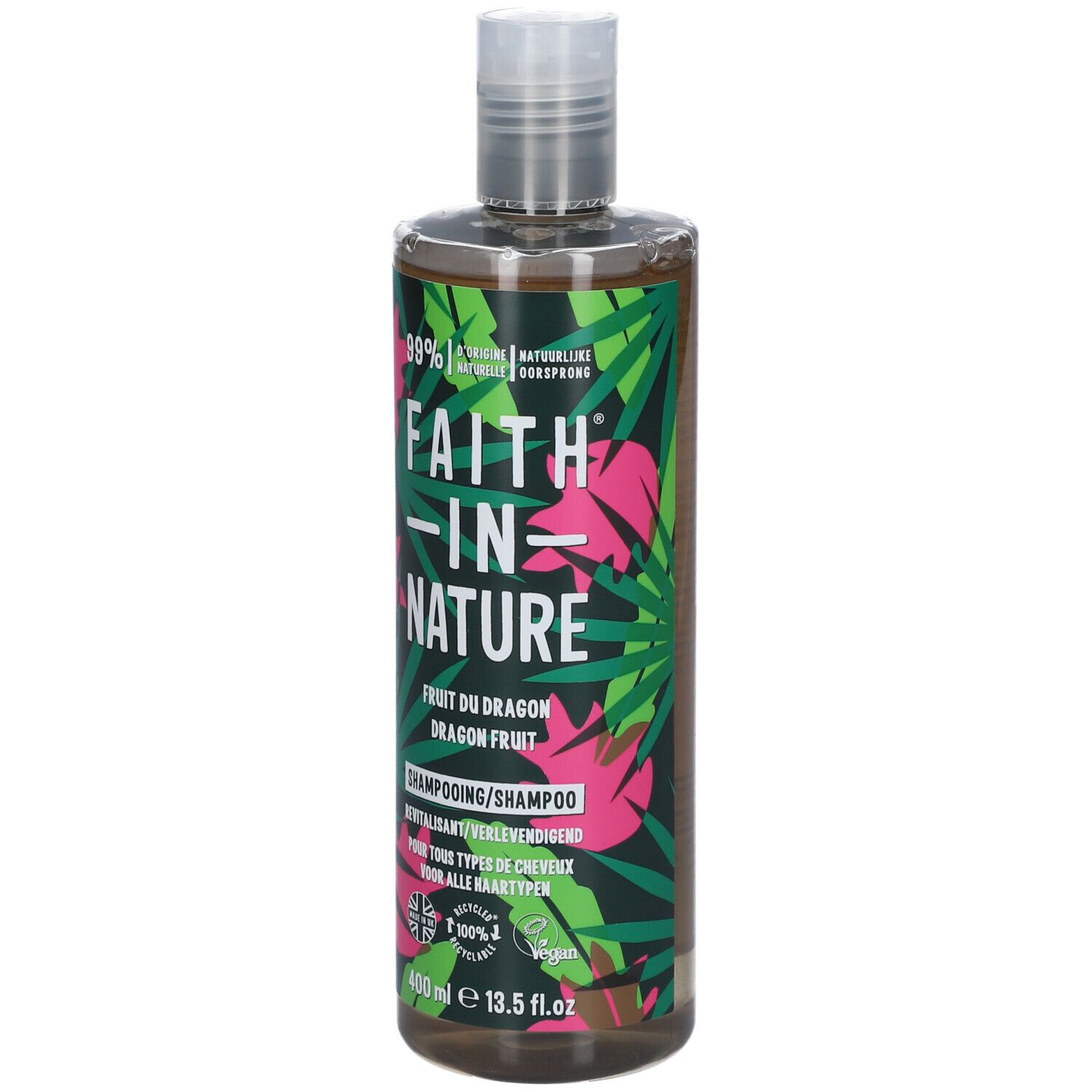 Flacon de shampooing FAITH IN NATURE. Inscription: Fruit du Dragon, Dragon Fruit. 400 ml. Logo recyclé.