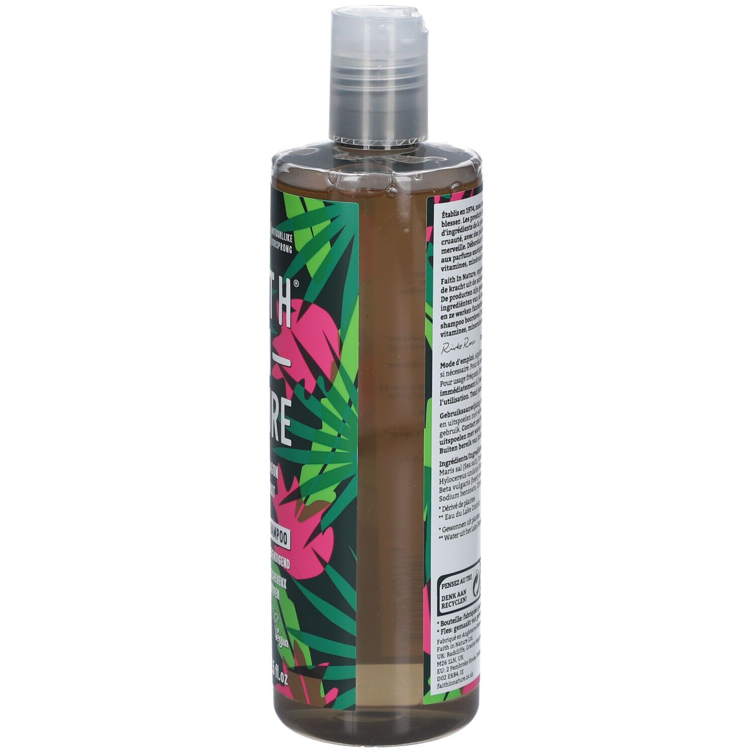 Dos du flacon de shampooing. Texte multilingue. Ingrédients et informations du fabricant.