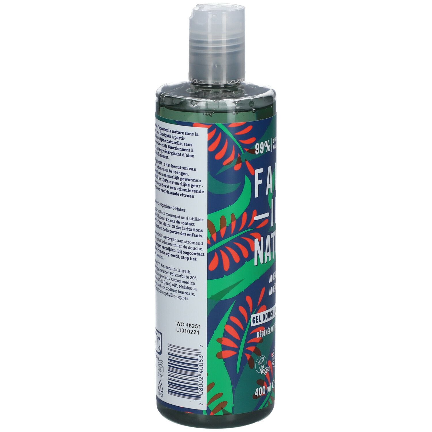 Dos du flacon de gel douche FAITH IN NATURE vert. Texte multilingue, vegan.