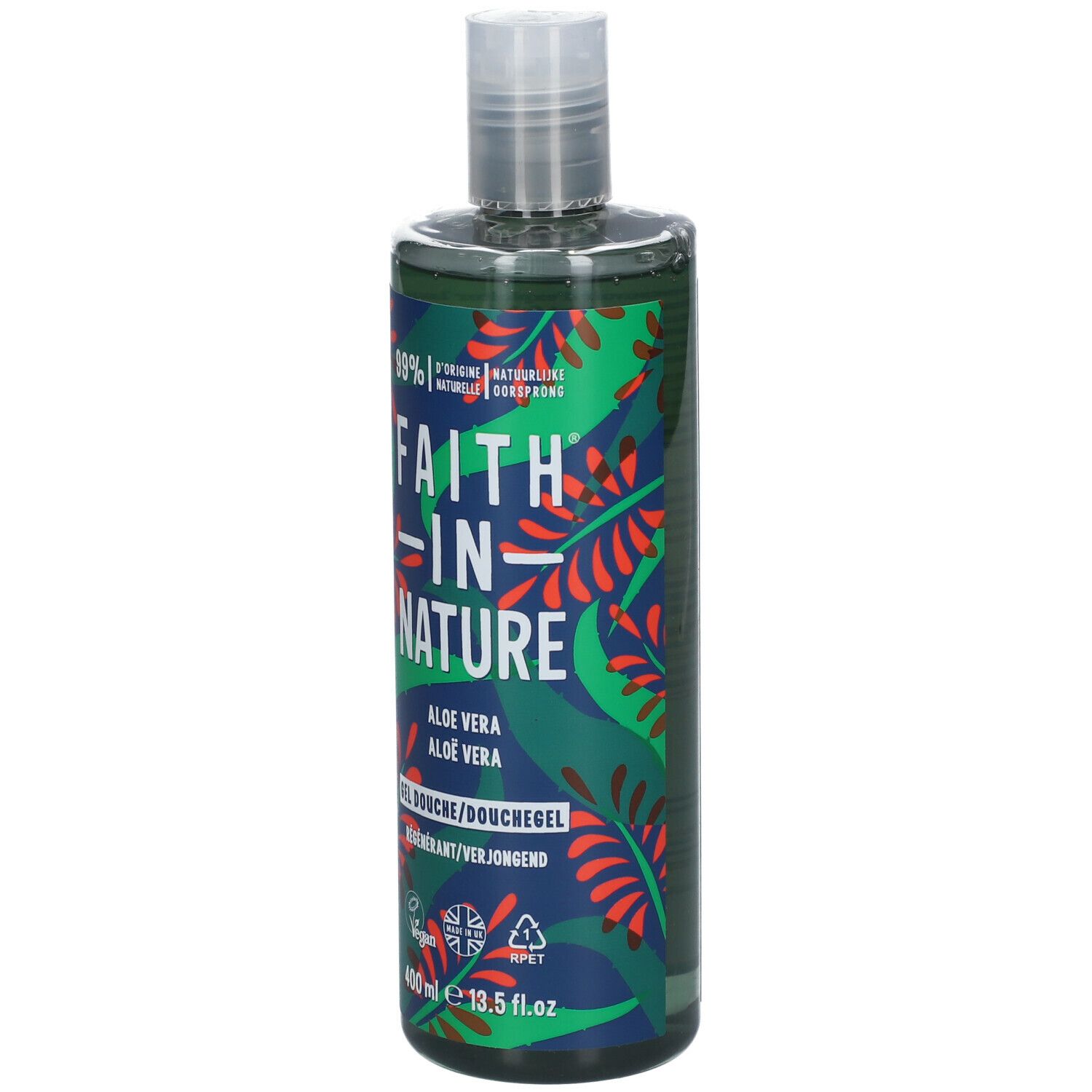 Flacon vert de gel douche FAITH IN NATURE. Étiquette Aloe Vera, 400 ml, vegan.